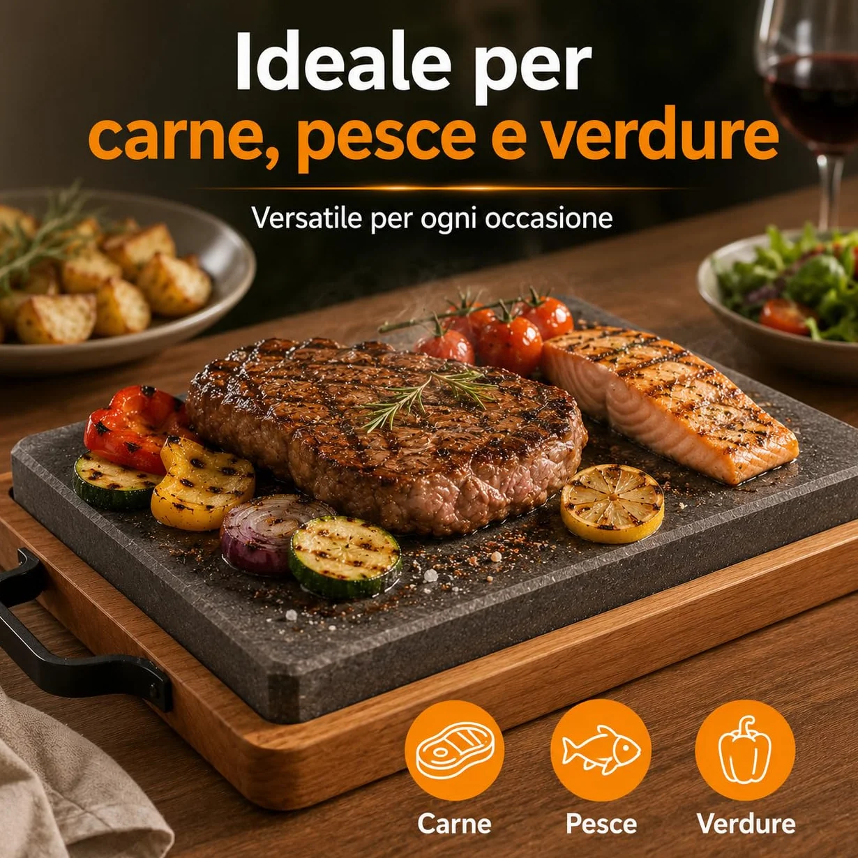 Piastra Rettangolare in Pietra Lavica 30x20,5 cm con Vassoio Legno Bistecchiera Nero Marrone