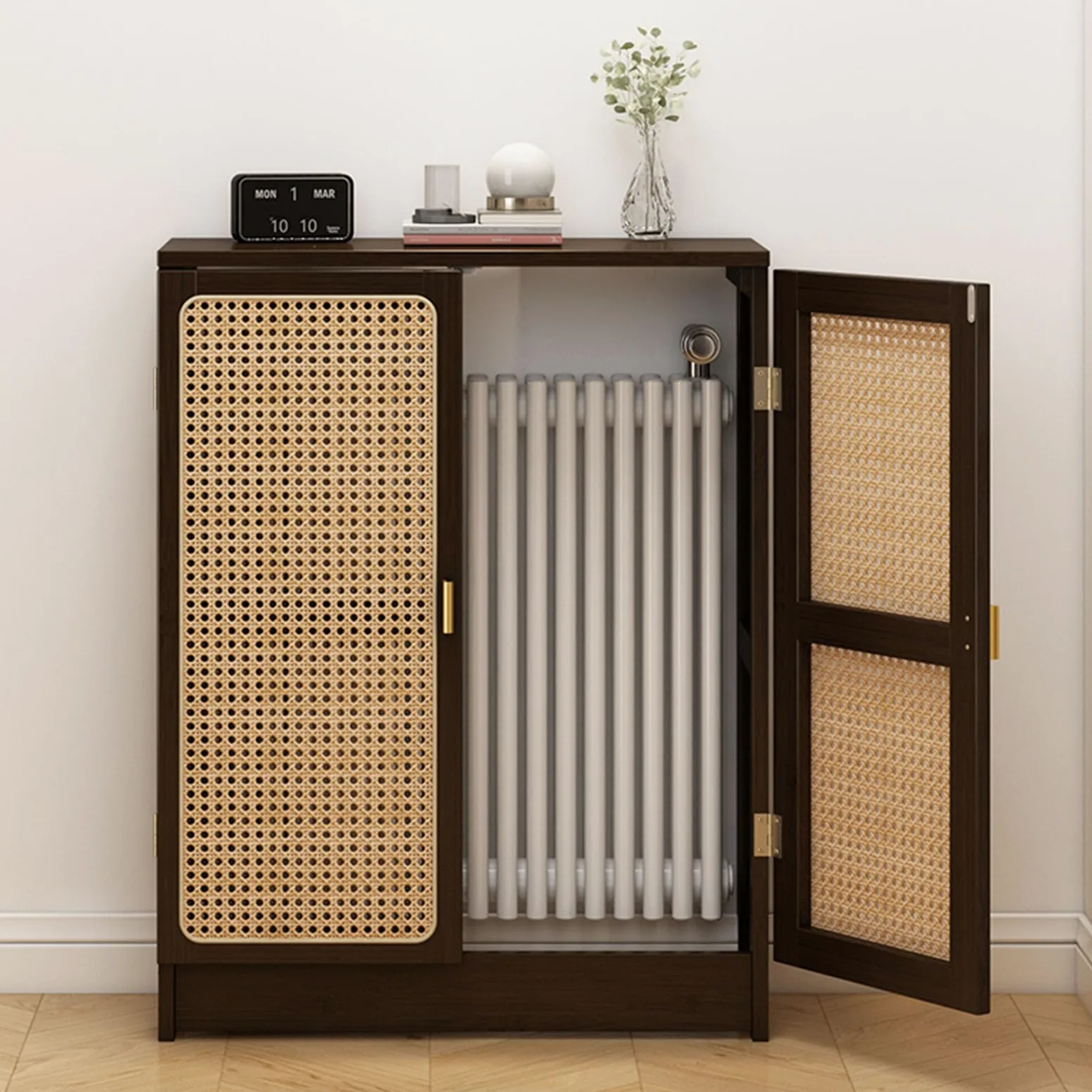 Copritermosifone In Rattan Moderno Copritermosifone In Legno Design a Doppia Anta Con Ampio Piano Lavoro Adatto per Soggiorni e Bagni 50x25x70cm