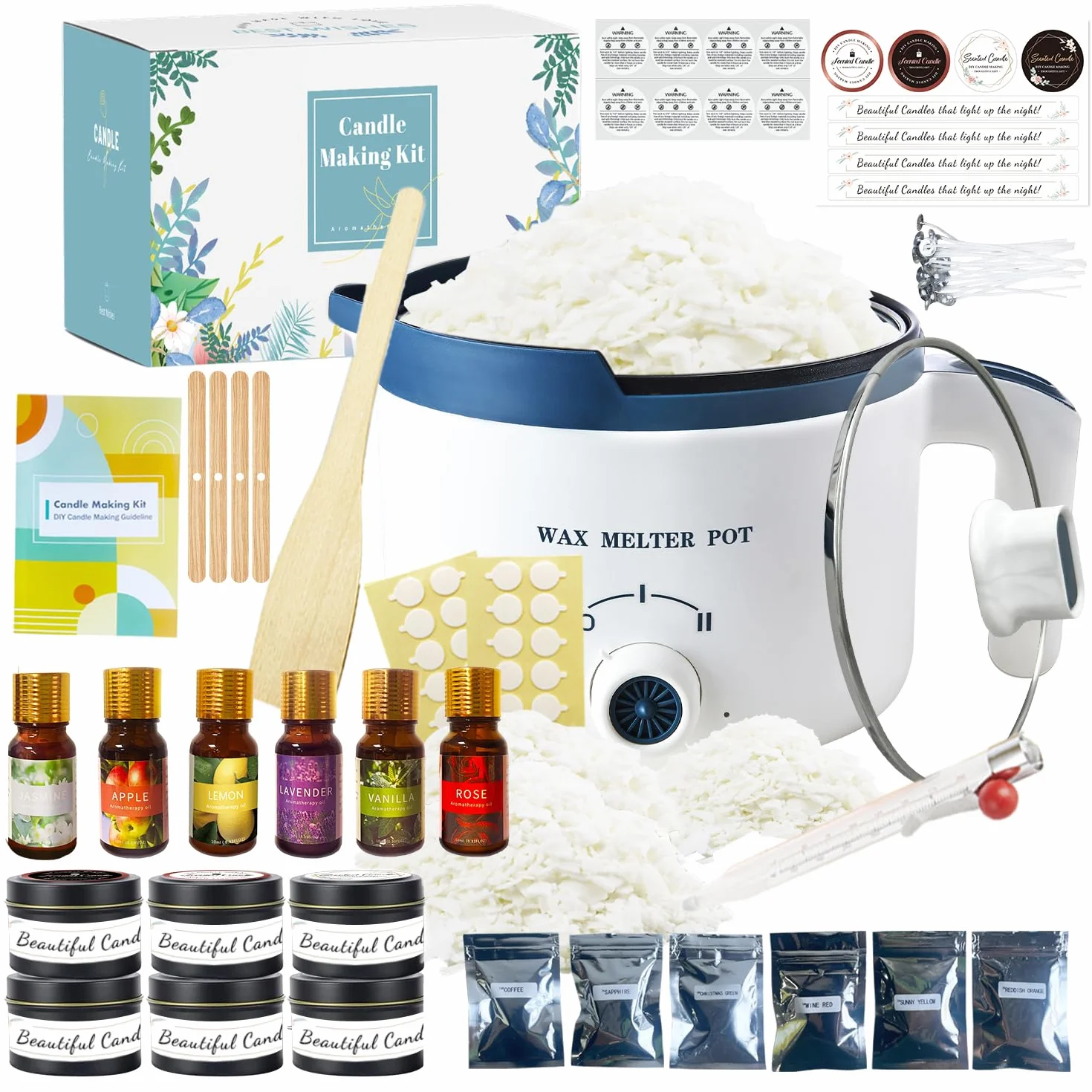 Kit di fabbricazione candele di soia con fonditore di cera elettrico per principianti, 2 libbre cera soia, stoppini, profumi, coloranti, barattoli
