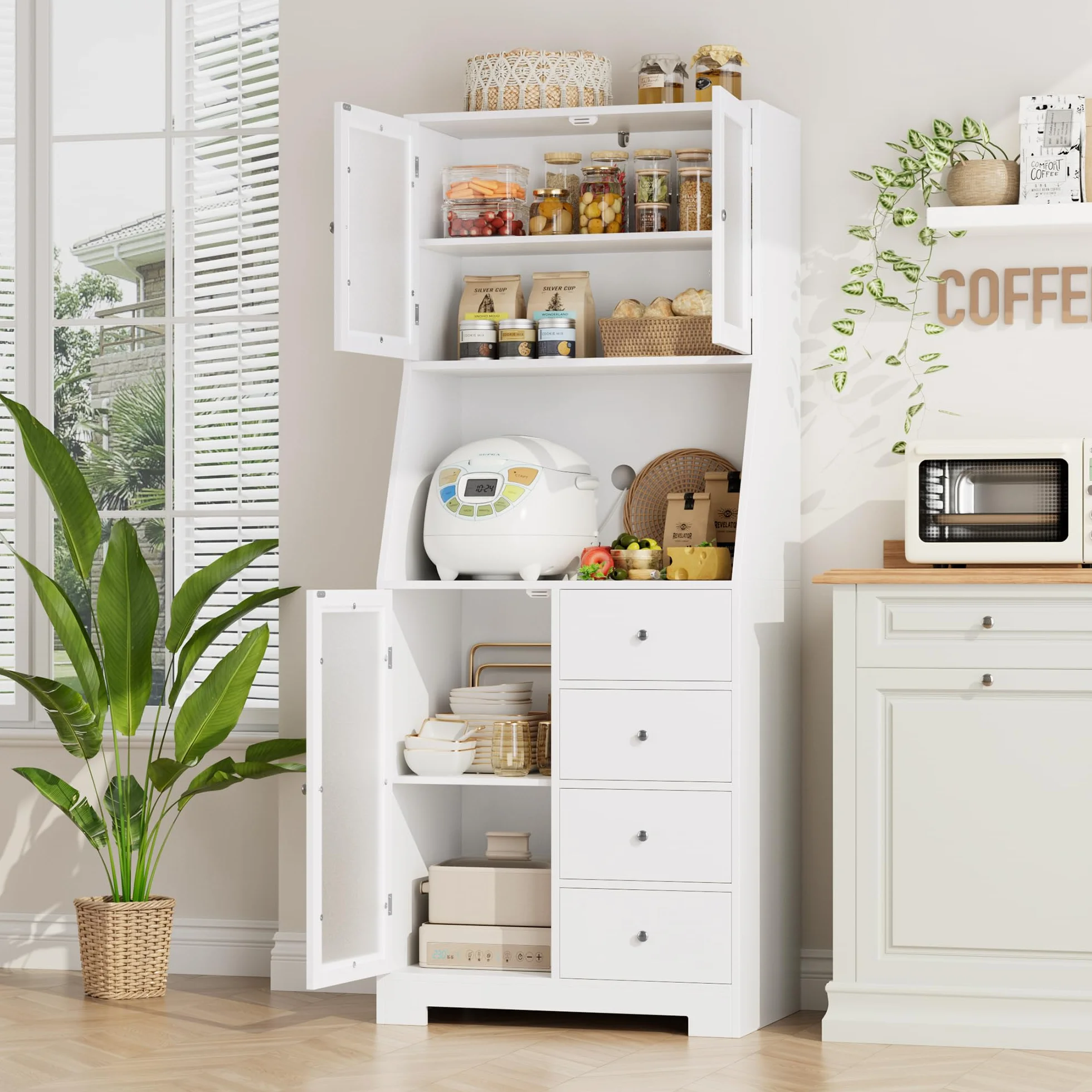 HOCSOK 163cm Credenza Cucina Alta, Dispensa Cucina Mobile Alto con 4 cassetti, Mobile Multiuso con Scaffale per Microonde Per Soggiorno, Sala da Pranzo, Bar, Bianco