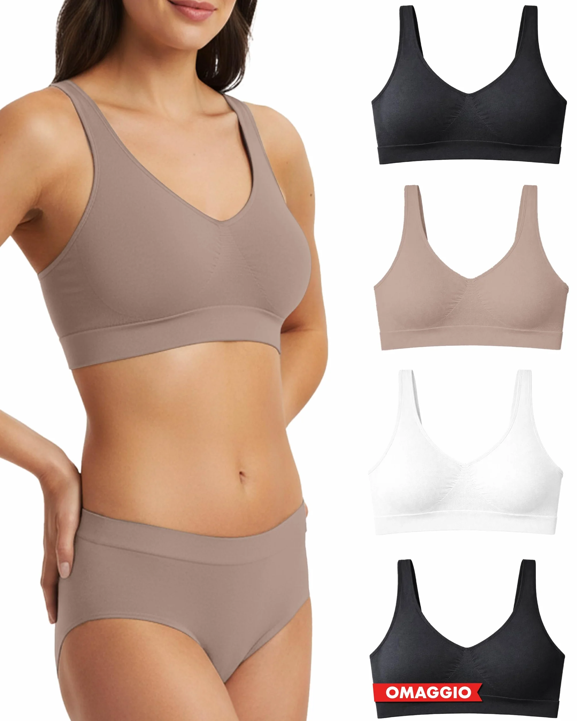 Risalti Reggiseno Senza Ferretto Spalla Larga 3 pz - Bralette Donna Senza Cuciture ed Etichette, Reggiseno Donna in Microfibra Elasticizzata, Brassiere, Top Morbido, Intimo - Made in Italy