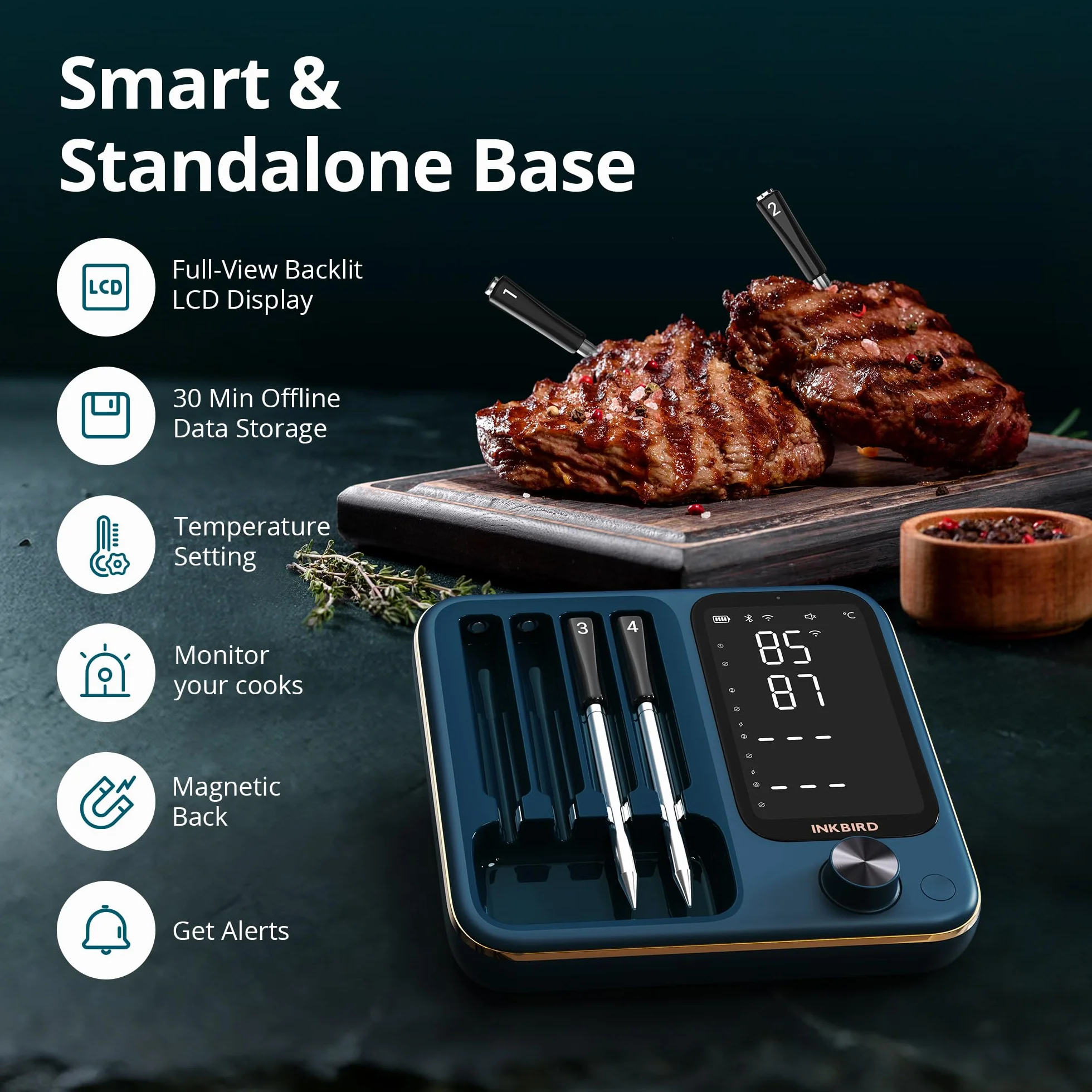 Inkbird INT-14S-BW - Termometro da carne senza fili, WiFi 5G e Bluetooth 5.4, con 4 sonde multisensore, certificato NIST, monitoraggio Apple Watch, per barbecue, forno, affumicatore