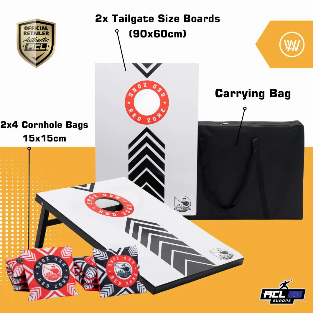 Set Cornhole Ufficiale 90 x 60 cm – Red Zone – 2 Tavole Cornhole – 2 x 4 Sacchetti Cornhole – Borsa per il Trasporto Inclusa – MDF – Qualità Premium (90x60 MDF – RED ZONE)