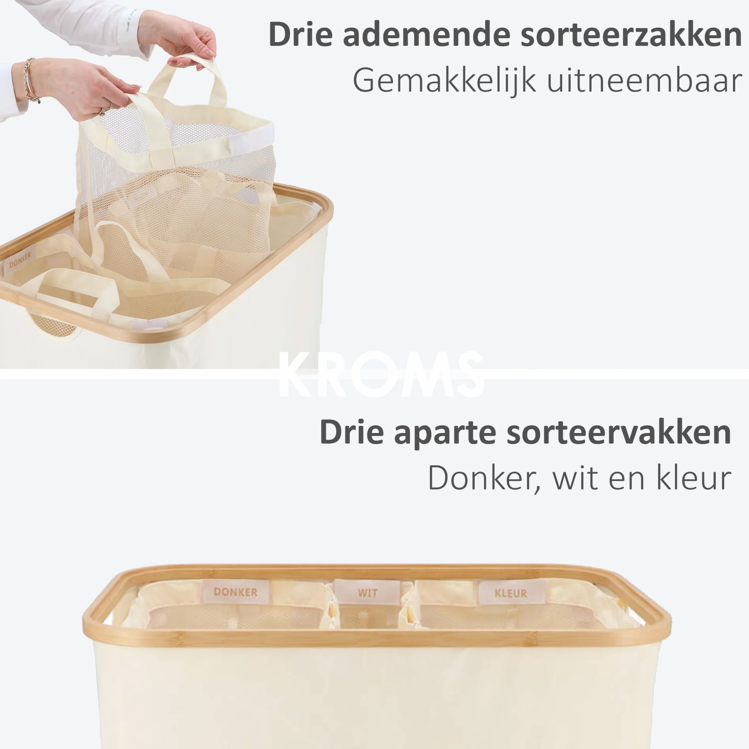 Cesto portabiancheria 3 scomparti 145L - Beige - Cesto biancheria sporca pieghevole – Porta biancheria salvaspazio per bagno – Cesta panni sporchi - Porta biancheria sporca per bagno