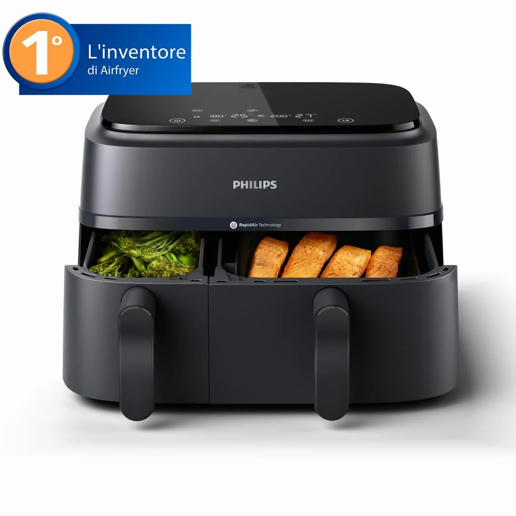 Philips Dual Basket Air Fryer - Cottura sana, veloce e versatile, Friggitrice ad aria con Doppio Cestello da 9L, Touchscreen, design a 2 cestelli con doppia resistenza e termostasti separati(NA350/00)