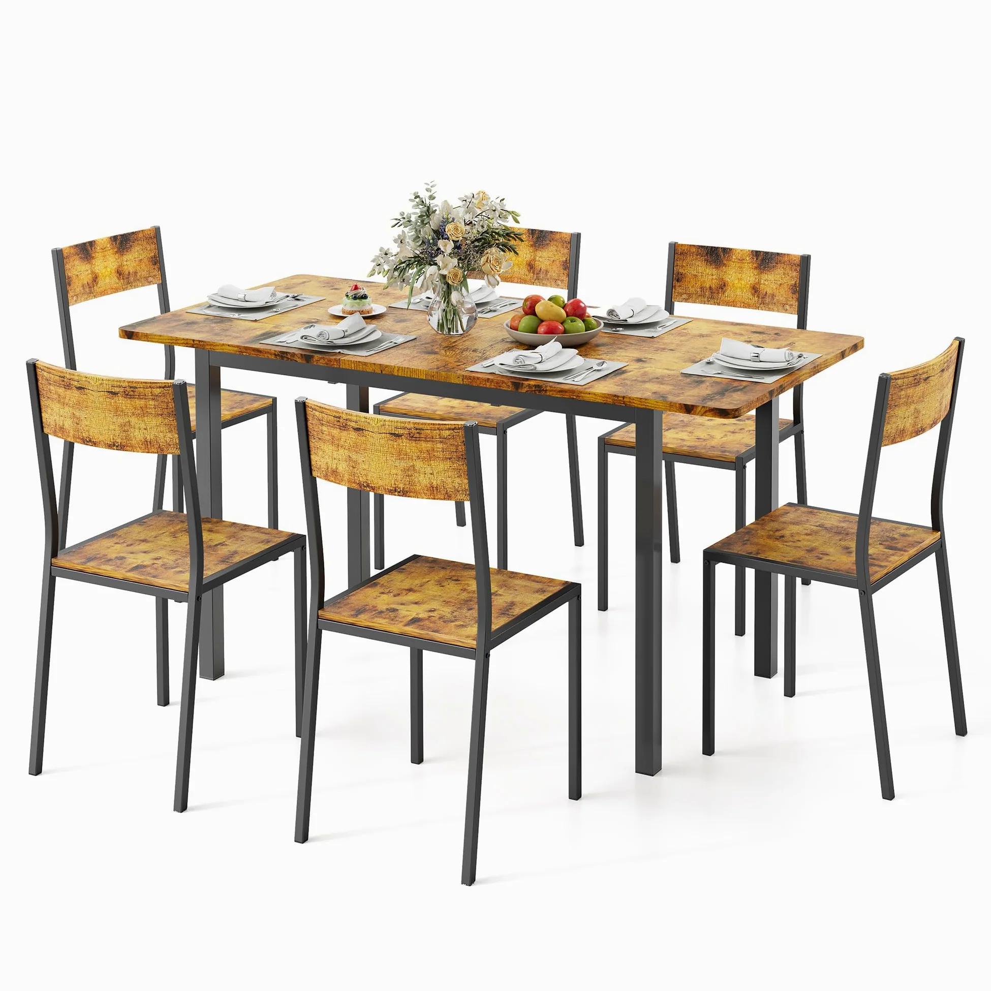 Xbro Set Tavolo e Sedie 6 Posti Allungabile, Tavolo da Pranzo con 6 Sedie, Salvaspazio, Struttura in Metallo Stabile, Facile da Montare, Cucina Soggiorno 110–140 cm