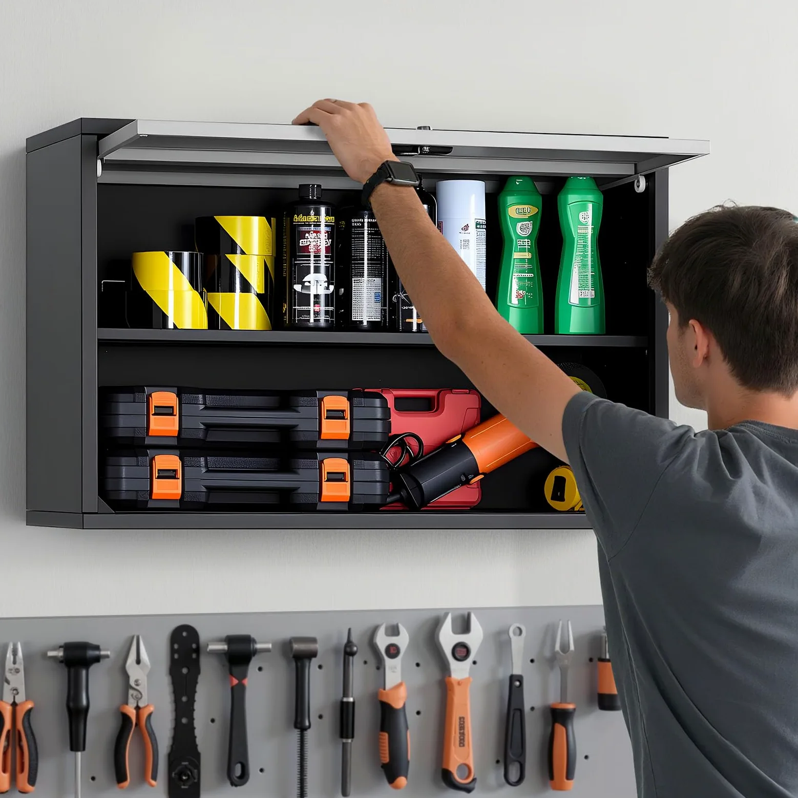 VEVOR Mobiletto da Parete in Metallo, 770 x 305 x 500 mm, Mobiletto Portautensili Sospeso con Ante a Ribalta e Ripiano, Capacità di Carico 108,9 kg per Garage, Cantina, Cucina, Montaggio Richiesto