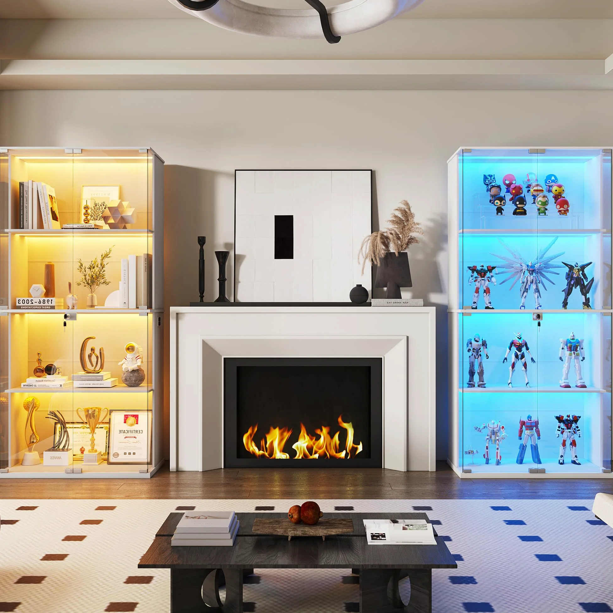 Gurexl 168 CM Vetrina in Vetro con LED 3 Couleurs,Vetrine Da Collezione Anta IIn vetro con Serratura,Pavimento Credenza in Vetro con Sensore Intelligente Per Soggiorno,Curio,Collezione,Bianco