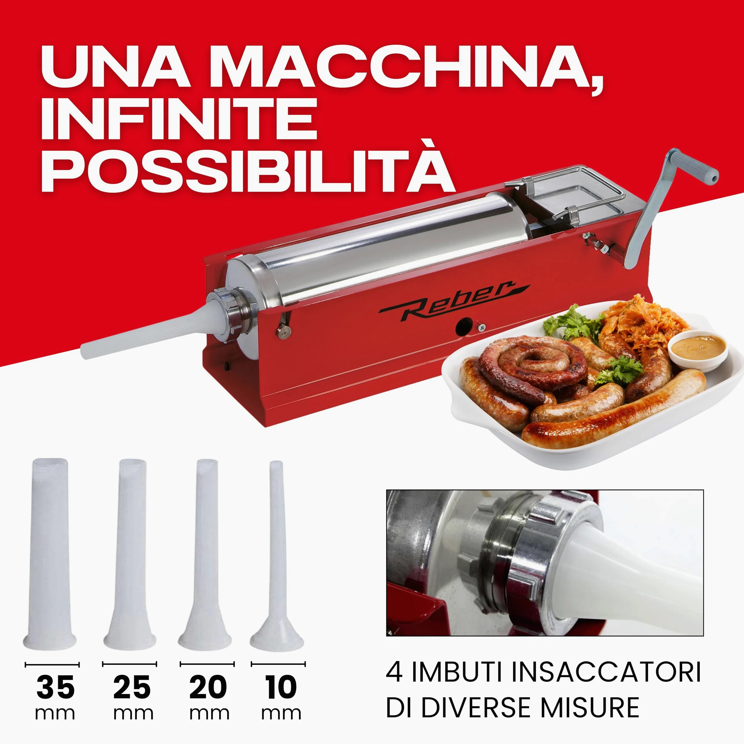 Reber Insaccatrice Manuale 6,8L/8KGS – Macchina per Salsicce Orizzontale con Sistema a 2 Velocità, per Uso Domestico e Professionale - Struttura Robusta in Acciaio INOX – 4 Imbuti Inclusi