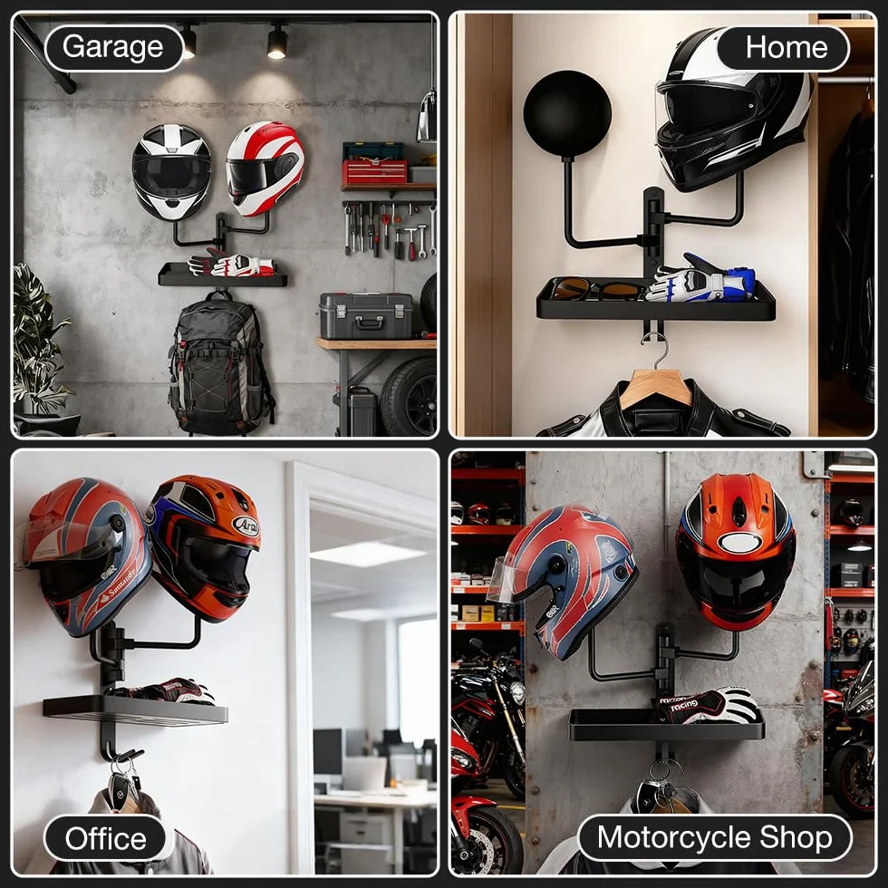 Appendi Casco Moto da Parete Girevole con 2 Sfere Porta Caschi