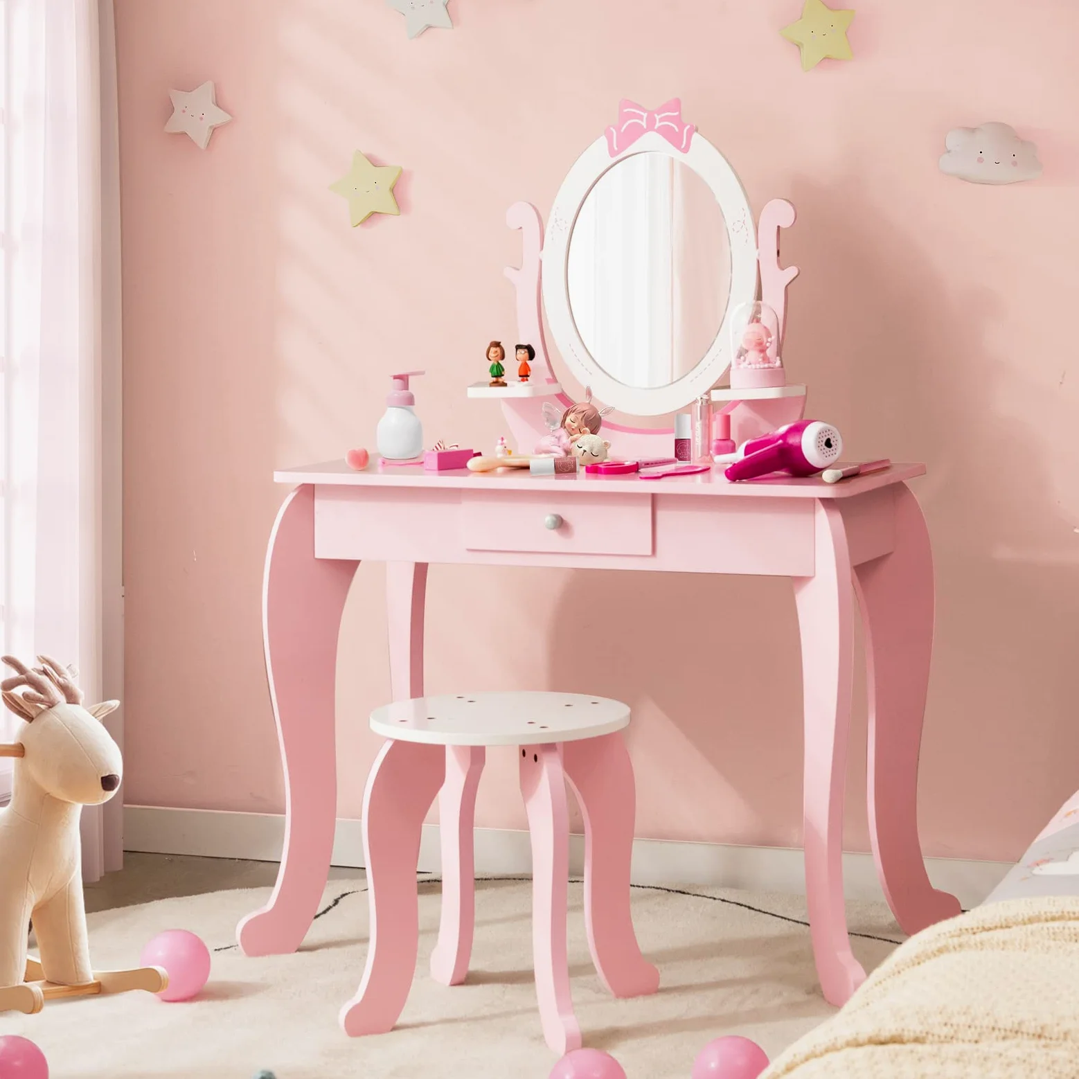 RELAX4LIFE 2 in 1 Toeletta Trucco Bambina con Specchio e Sgabello, Set Tavolo da Trucco con Specchio Rimovibile, Centro di Bellezza, Giocattolo da Trucco per Bambini dai 3 ai 7 Anni