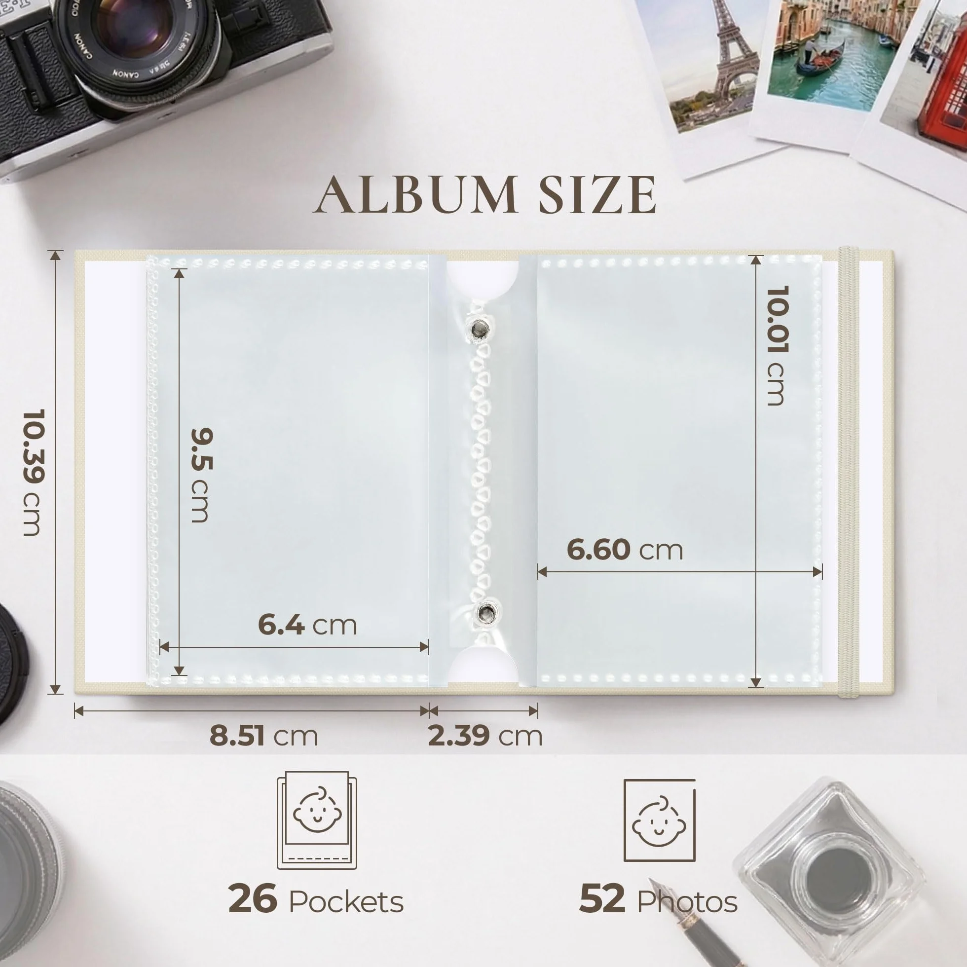 Vienrose Album Fotografico Polaroid Album per Foto Fujifilm Instax Mini Film, Compatibile Mini 12 11 9 & Polaroid Snap, 52 Tasche, Beige
