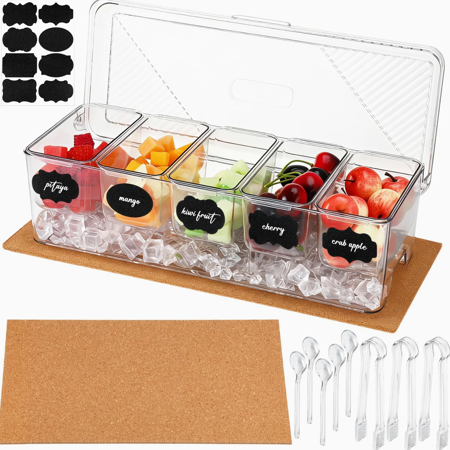 Sieral Set di 11 contenitori trasparenti per condimenti refrigerati con coperchio, tra cui 1 tampone in sughero, 5 cucchiai, 3 clip e adesivi per bar, frutta, insalata, taco e decorazioni per feste