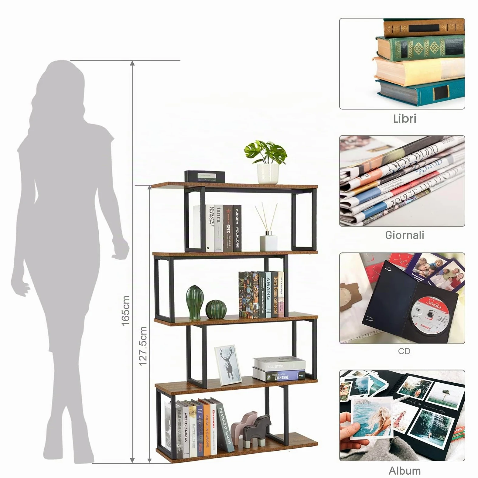 Mondeer Libreria a forma di S, Scaffale Portaoggetti, Libreria a 4 Ripiani, Libreria in Stile Industriale, con Struttura in Metallo, 76 x 24 x127.5cm, per Soggiorno e Ufficio, Marrone