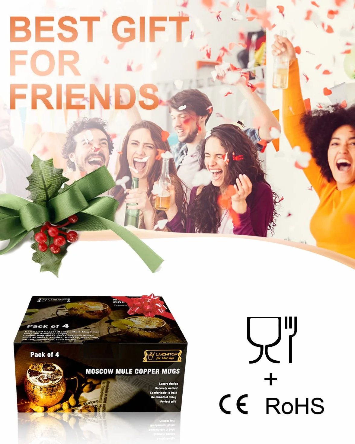 LIVEHITOP Bicchieri Moscow Mule Rame 4 Pezzi, 19,5 oz Tazza Rame con Set Regali per Barra e Festa