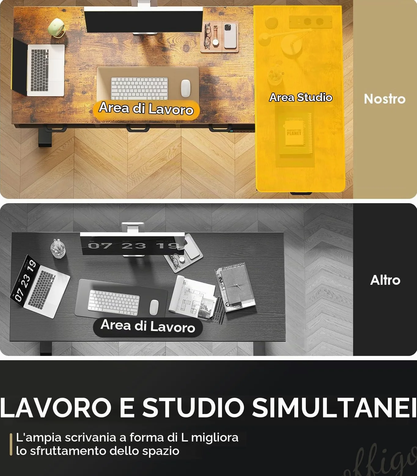 OffiGo Scrivania Angolo Regolabile in Altezza con Cassetti, 140cm, Marrone | Scrivania Angolare Regolabile con Presa per di ricarica USB, Standing Desk a L per Ufficio e Studio, porta Canalina Nascosta