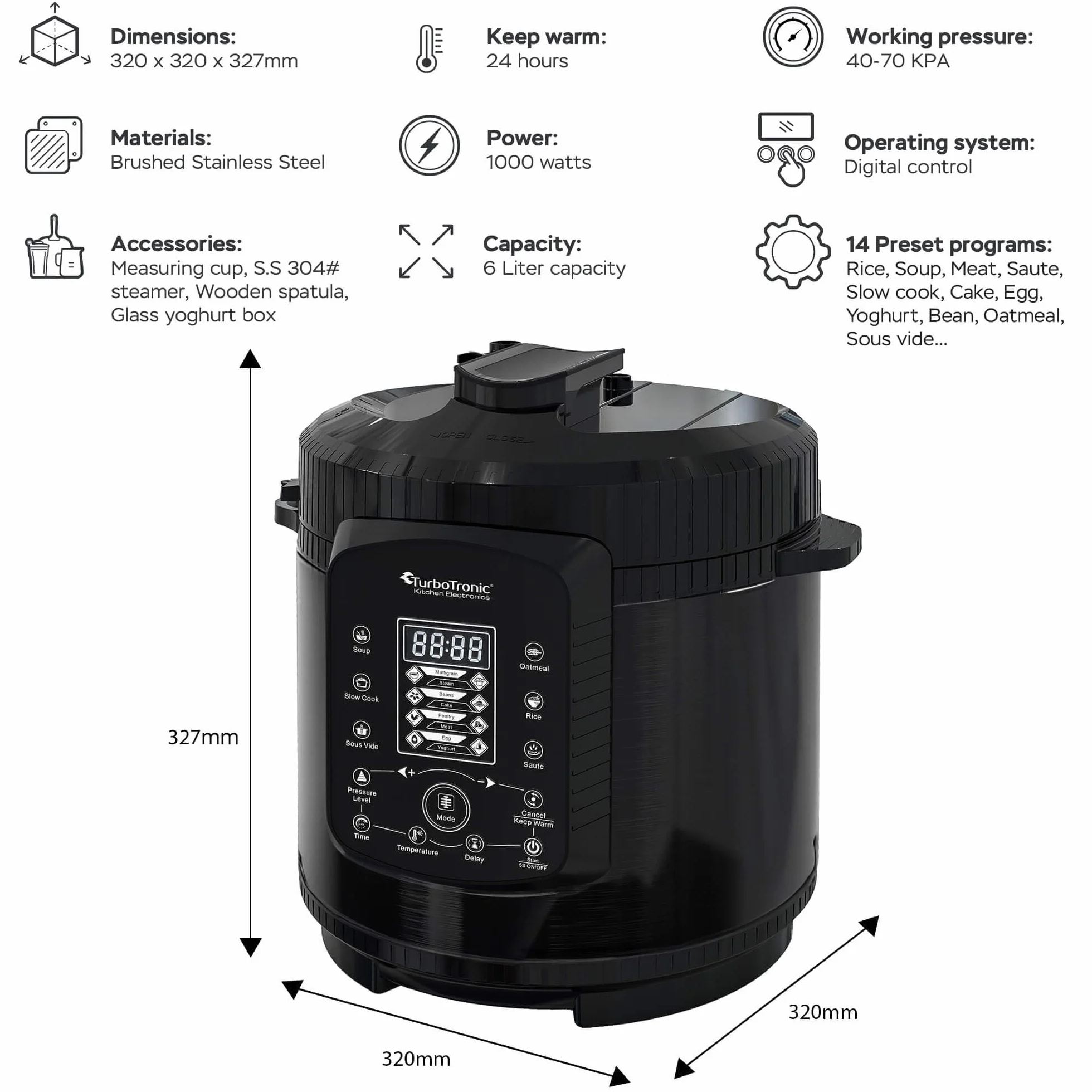 TurboTronic Pentola a Pressione 6L - Multicooker Elettrico Acciaio Inox e Antiaderente, Vapore Cuociriso Cottura Rapida