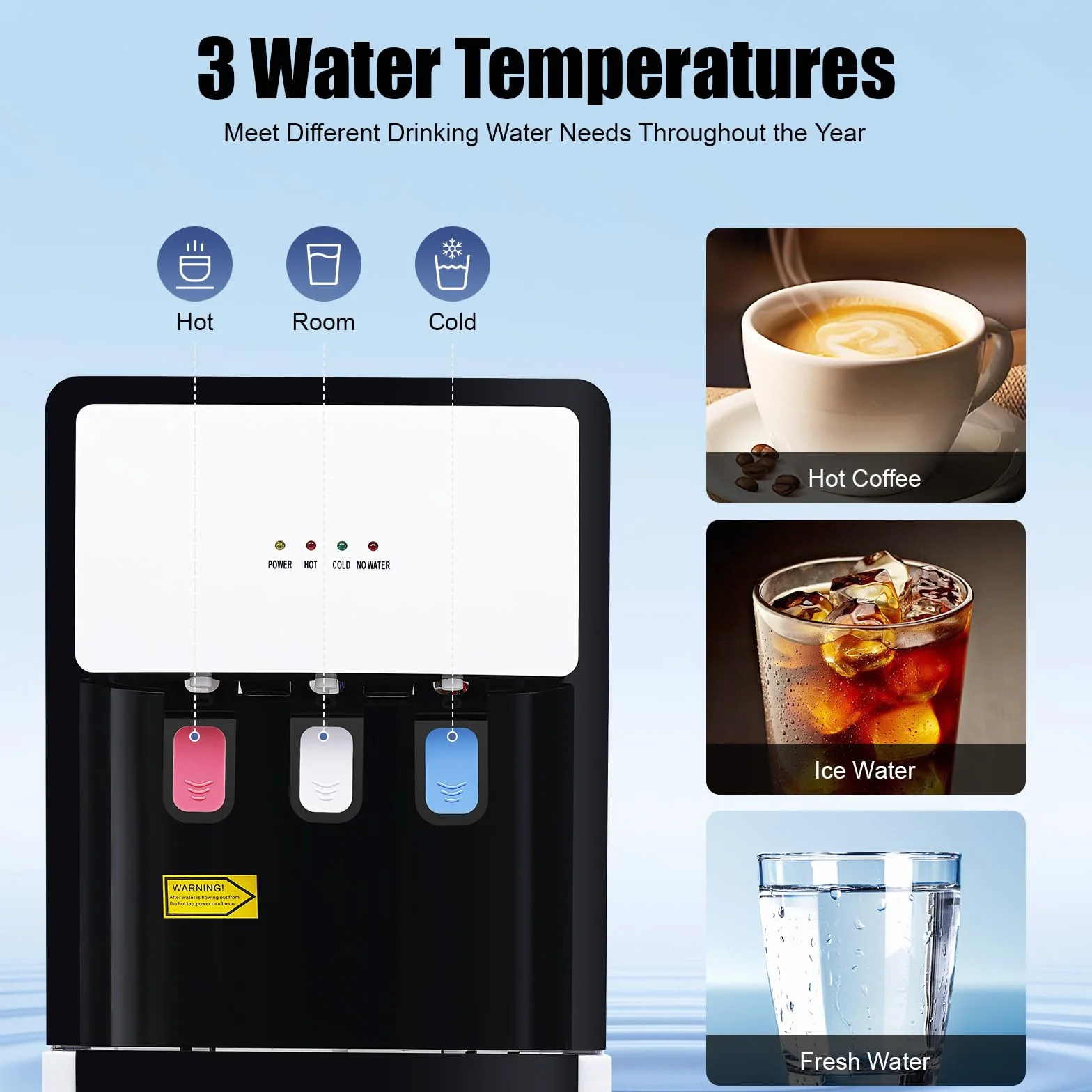 Dispenser d'acqua da banco 550 W 3-in-1 acqua fredda calda tiepida con protezione anti-funzionamento a secco riempimento dal basso
