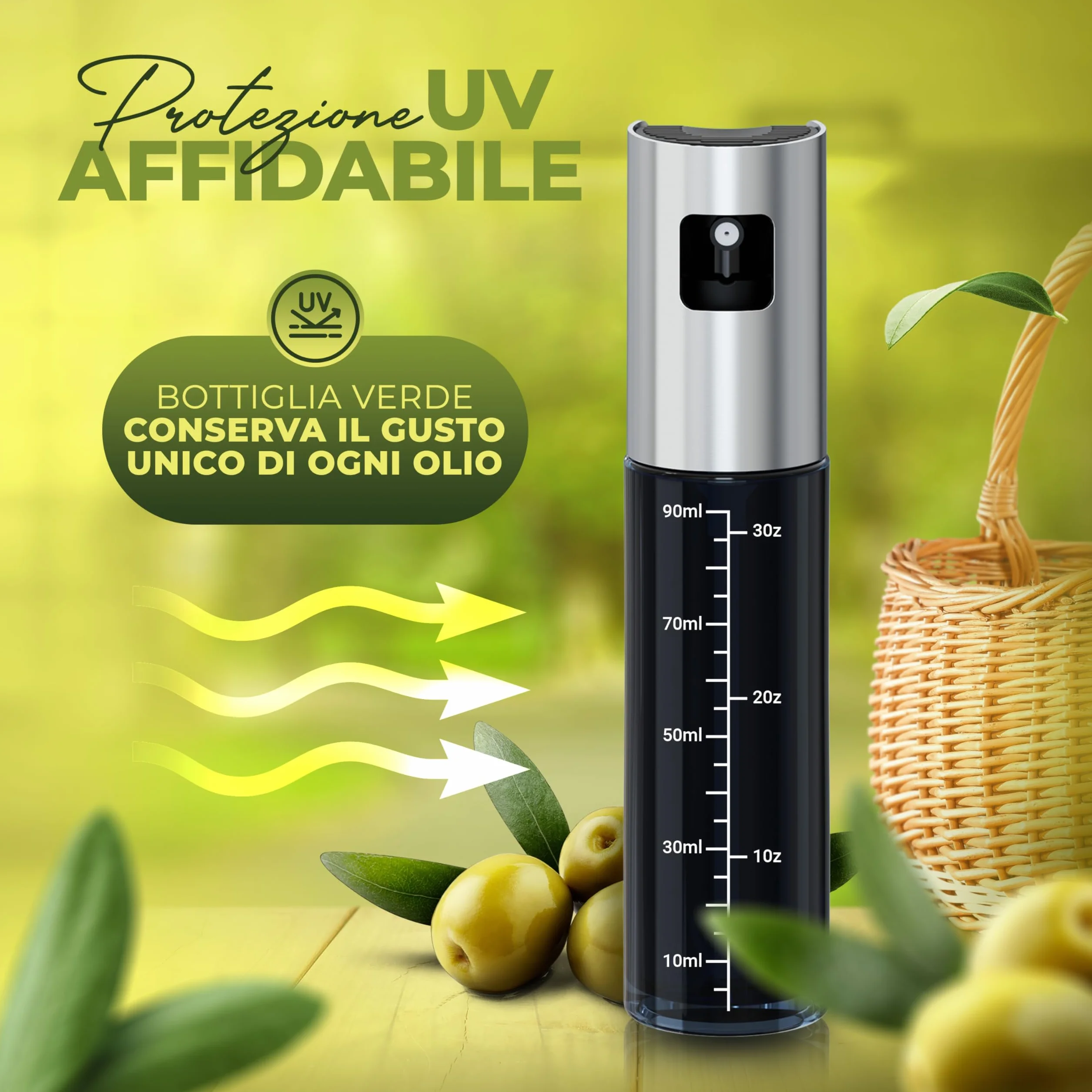 Spruzzatore per olio in vetro verde con protezione UV e rivestimento in acciaio inossidabile 100% senza BPA