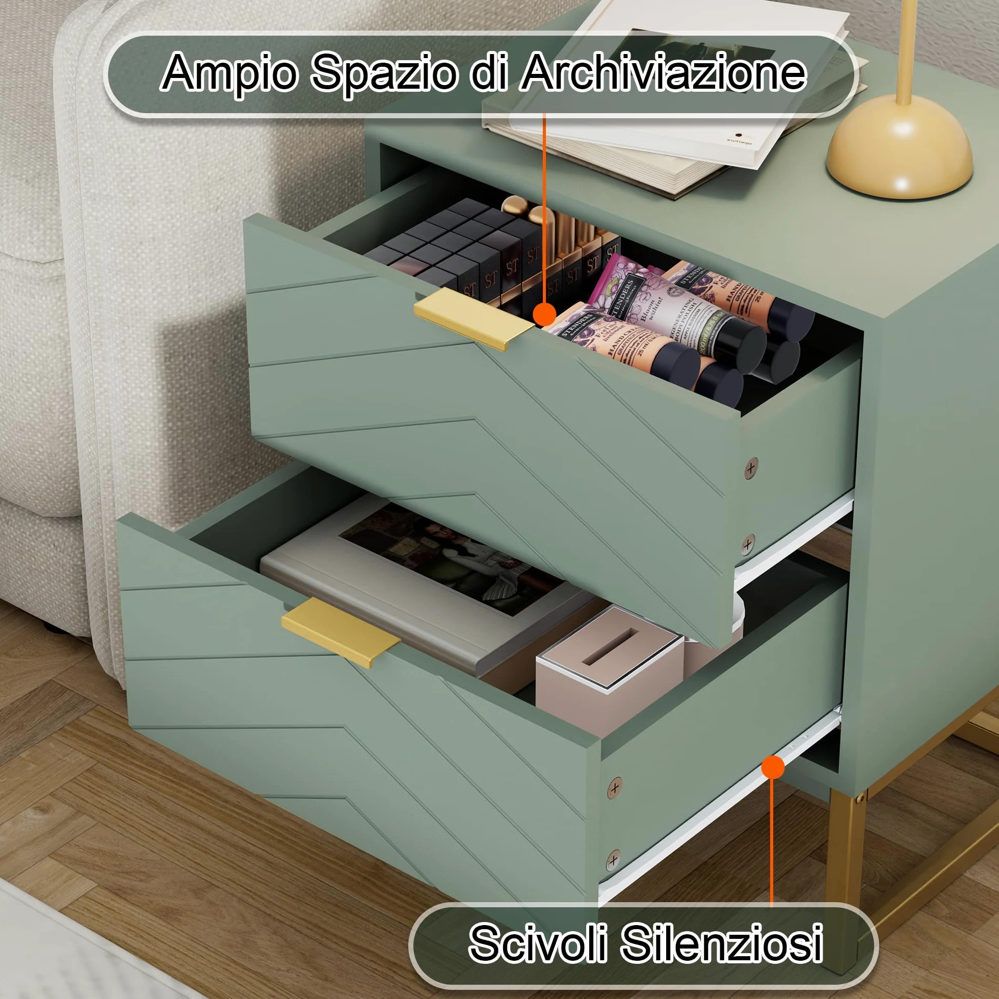 UEV Set di 2 Comodino Camera da Letto con Motivo a V, Mobile Camera da Letto con Miniglie e Piedini in Metallo, Comodino Moderno e Stabile, 46 x 33,5 x 56,5 cm, Verde