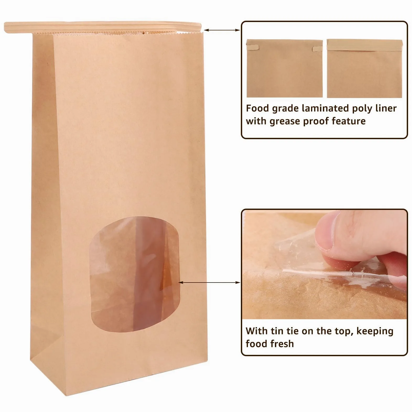 YAYODS 100 sacchetti di carta con finestra, 24 x 12 x 6,5 cm, sacchetti di carta kraft piccoli, sacchetti di carta marrone con chiusura, per biscotti, toast, panini, caramelle, chicchi di caffè