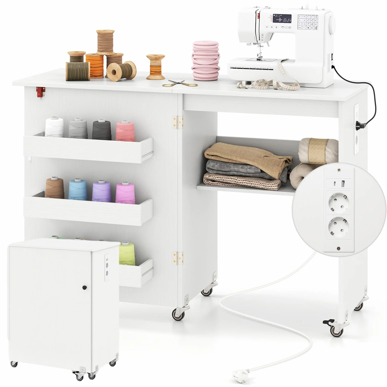 RELAX4LIFE Tavolo da Cucito Pieghevole con Ampio Piano del Tavolo, 3 Vani, Ripiano Portaoggetti,Mobiletto Salvaspazio con Ruote per Ago, Filo e Forbici (Con Prese,Bianco)