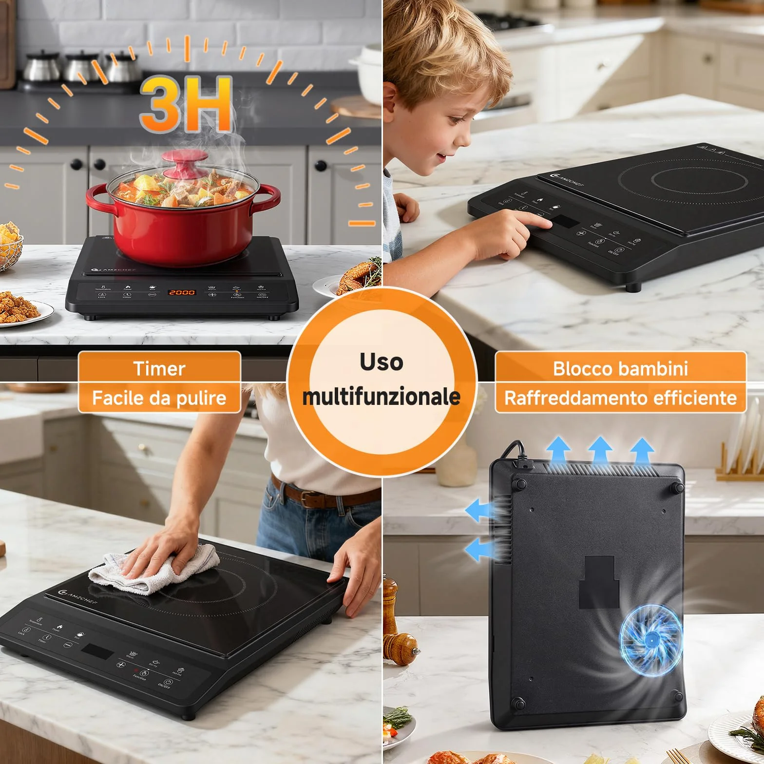 AMZCHEF Piastra a Induzione Portatile, 20 Impostazioni, Design Sottile, Ceramica Nera, Timer 3H