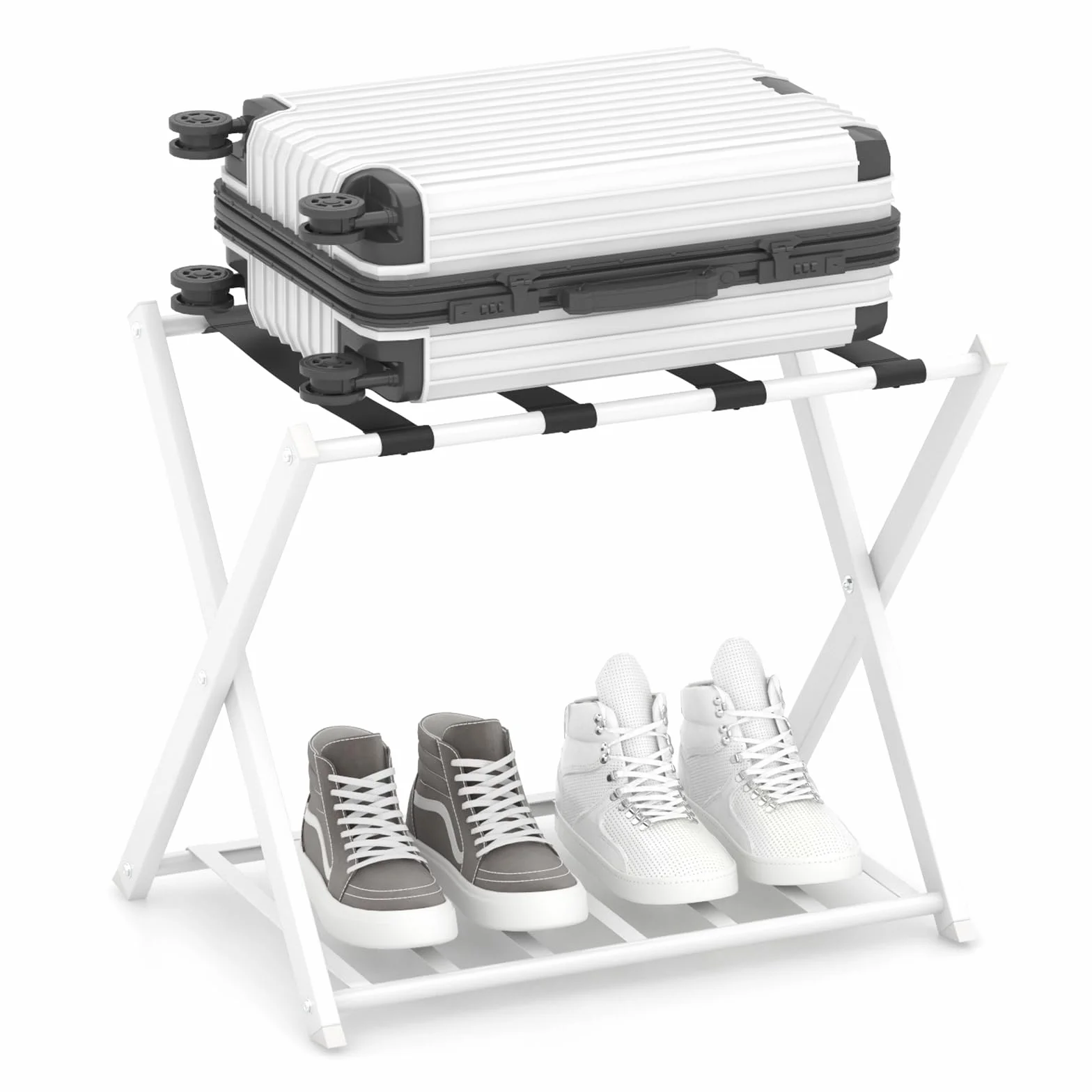 COSTWAY Portavaligie Pieghevole a 2 Ripiani in Metallo 68x43x56 cm Bianco