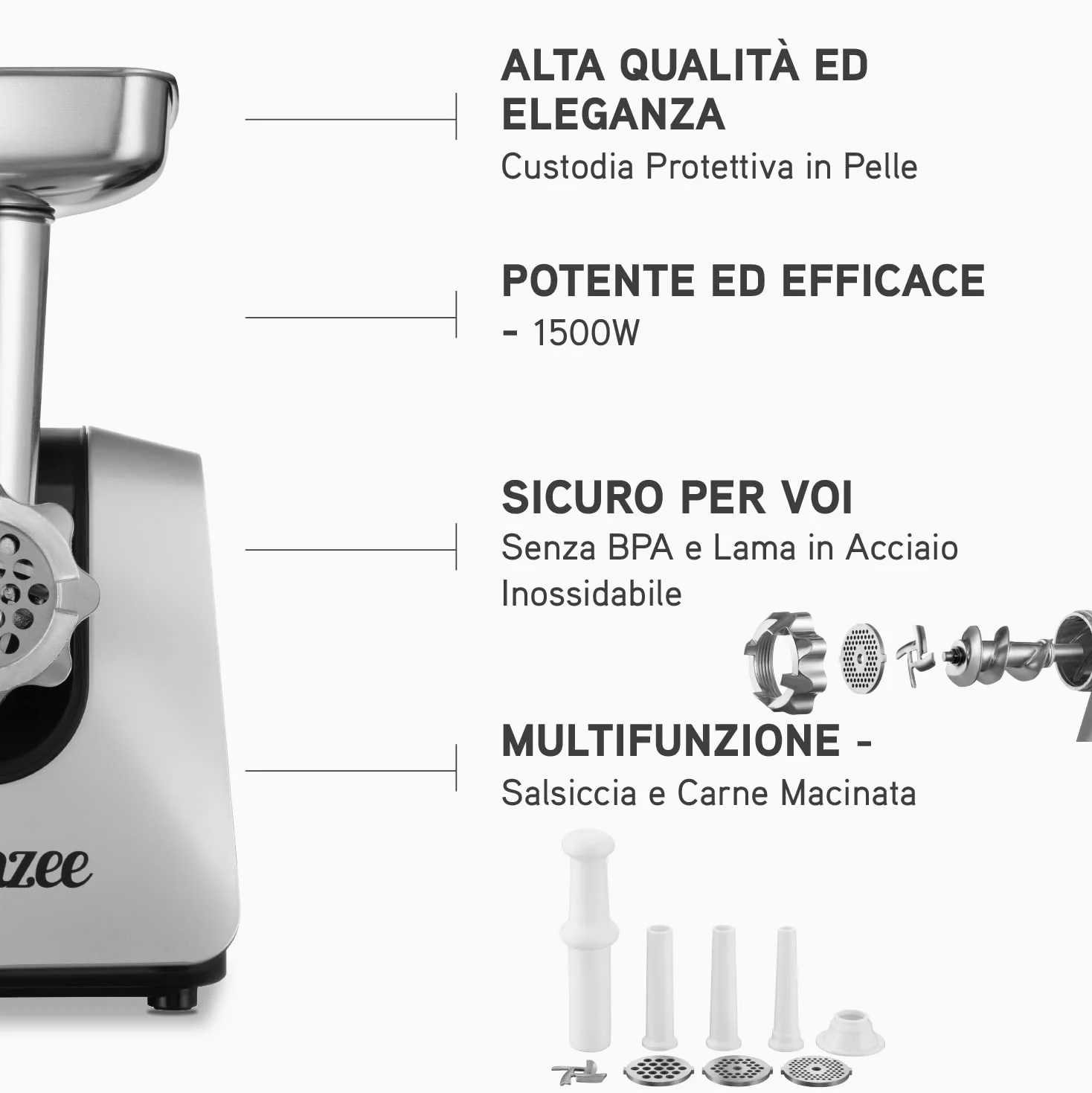 Tritacarne Elettrico 1500W (Nero) - Per Carne e Salsiccia - Robot da Cucina Con 3 Lame e 3 Ugelli - Professionale