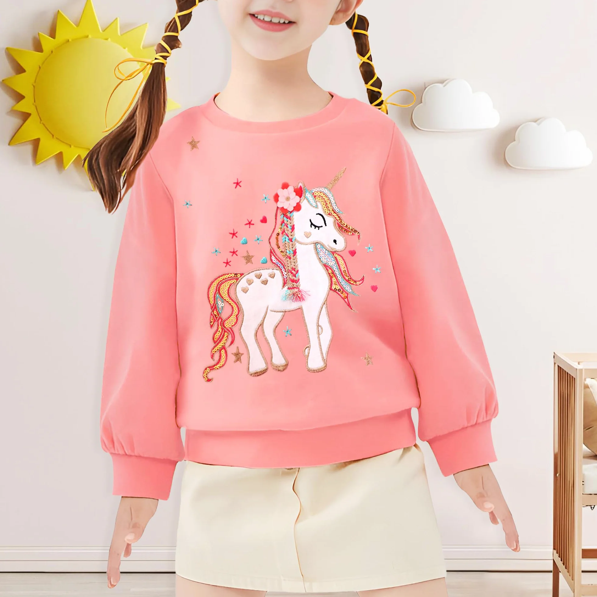 Felpa per Bambina Unicorno Ricamo Cotone Manica Lunga 2-7 Anni Rosa/Gris
