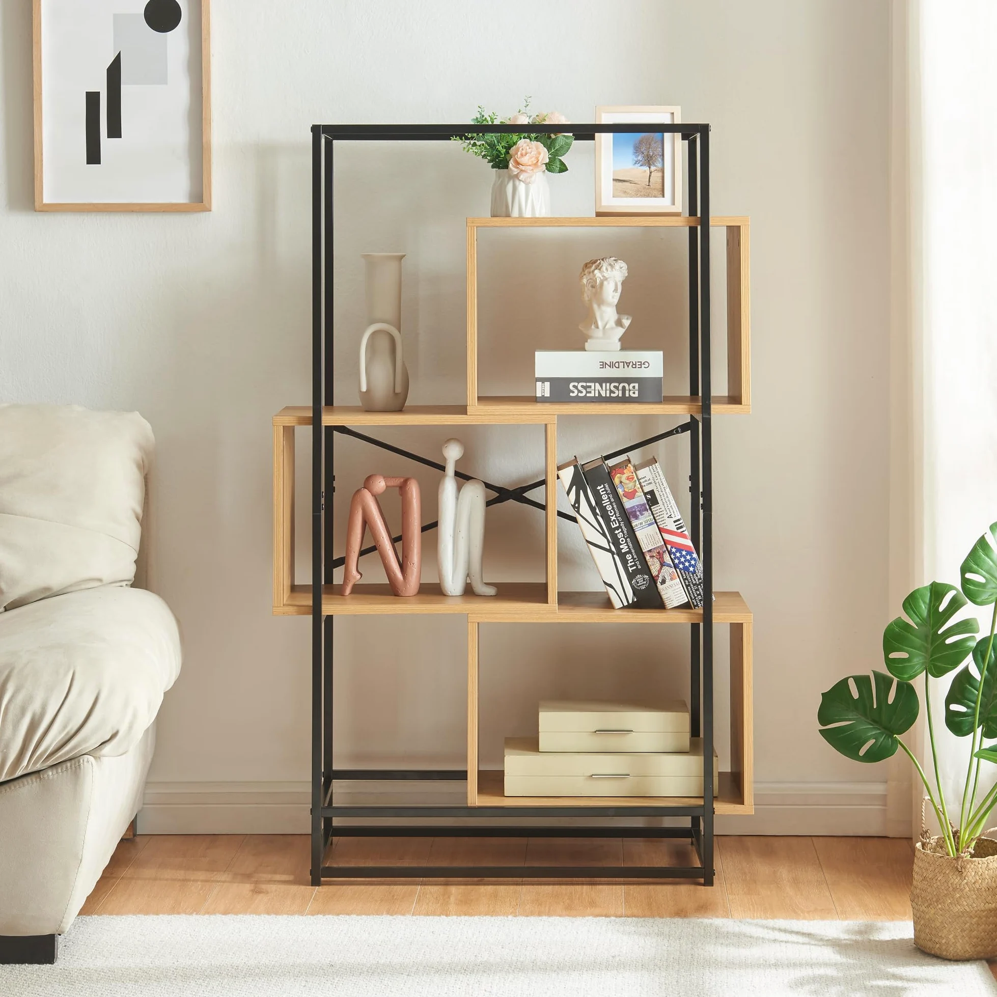 [en.casa] Scaffale da Terra con 3 Scomparti Aperti Libreria Mobile Espositore per Casa Ufficio Negozio 126 x 80 x 33 cm - Effetto Rovere/Nero