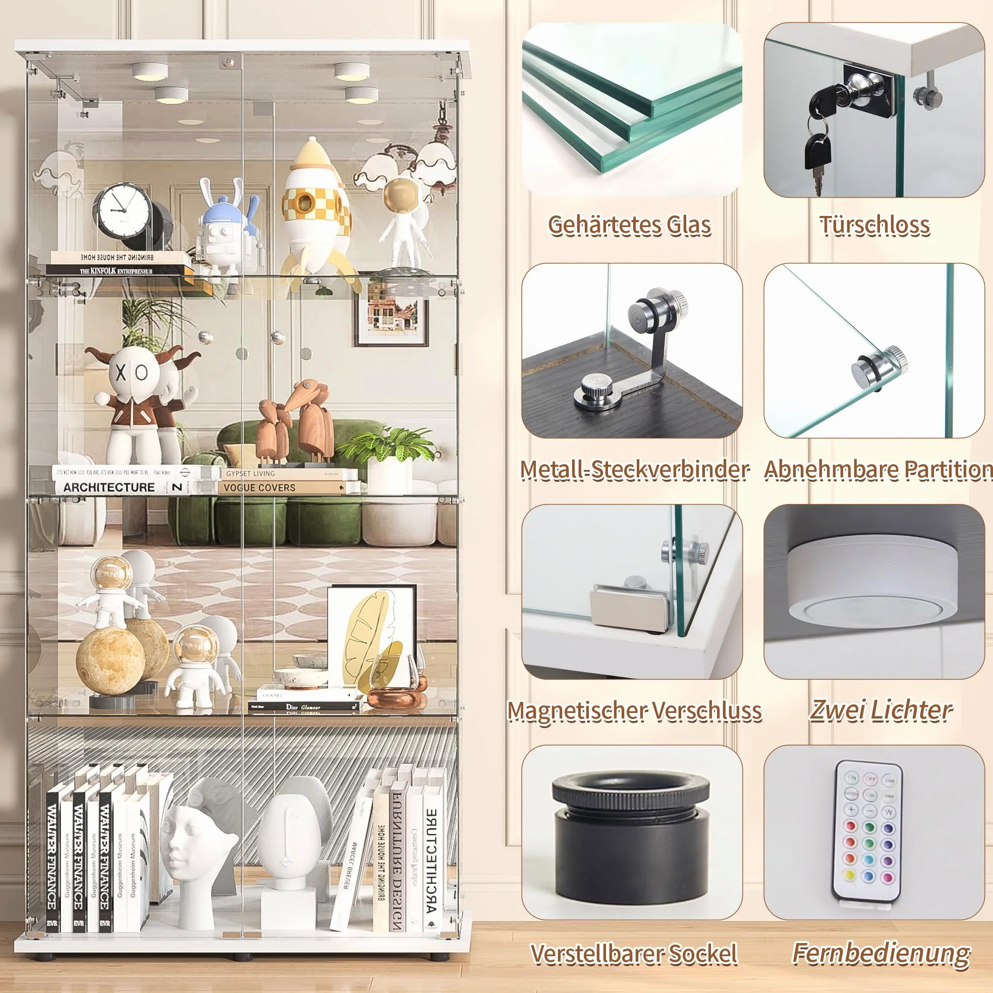 Vetrina in vetro con LED, armadio vetrina da collezione, 2 ante a serratura, 4 ripiani e fondo specchio, 164 x 80,5 x 36,5 cm, bianco