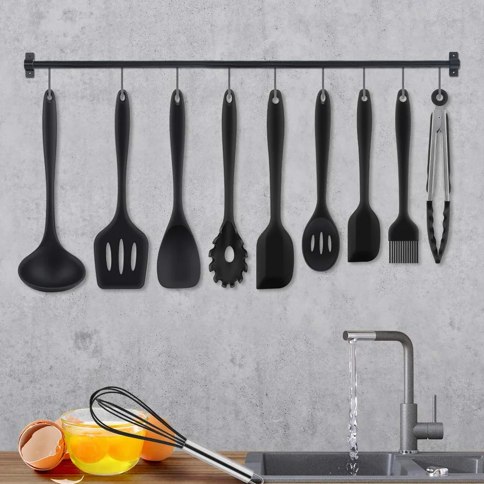 Utensili da Cucina in Silicone -10 Pezzi, Utensili da Cucina Resistenti al Calore Antiaderenti da Cucina(Spatola, Cucchiaio Scanalato, Forchetta per Pasta, Paletta, Pinza, Frusta, Pennello)