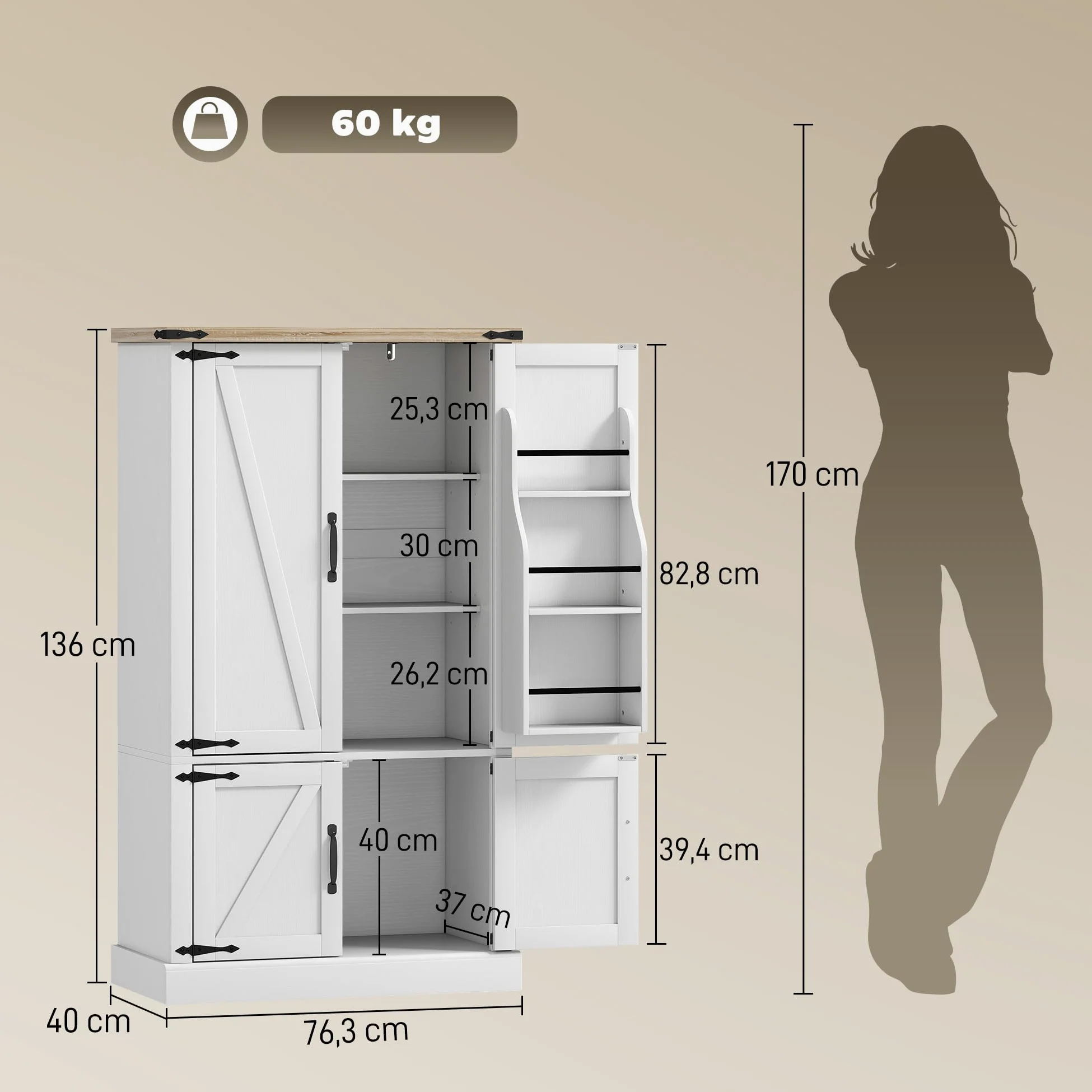 HOMCOM Credenza da cucina, mobile da cucina, mobile per porcellane, 4 ante, 6 portaspezie e ripiani regolabili, stile rustico, mobile contenitore per soggiorno, sala da pranzo, 76,3 x 40 x 136 cm,