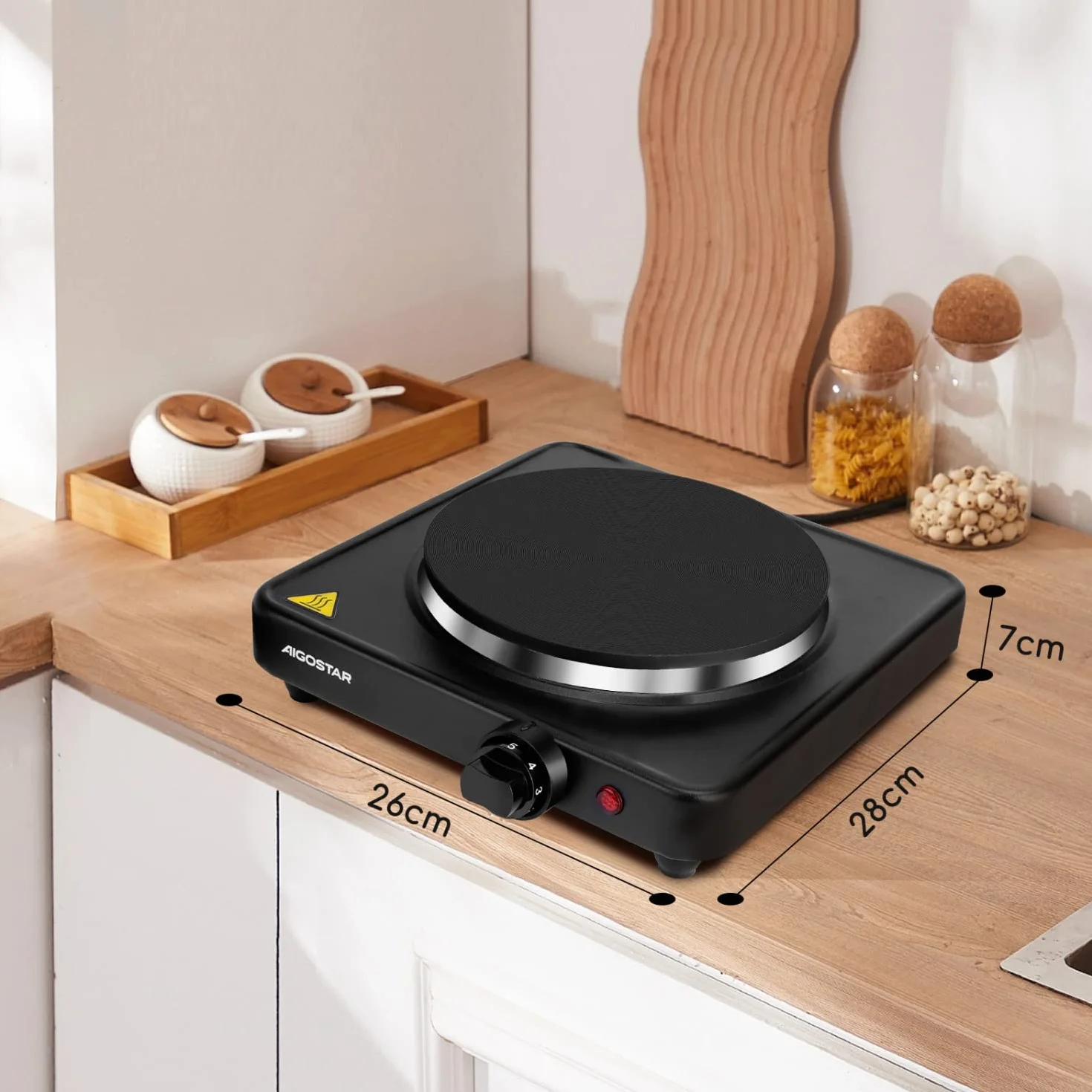 Aigostar Piastra Elettrica 1500W Fornello Portatile Ghisa Riscaldamento Rapido Temperatura Regolabile Nero