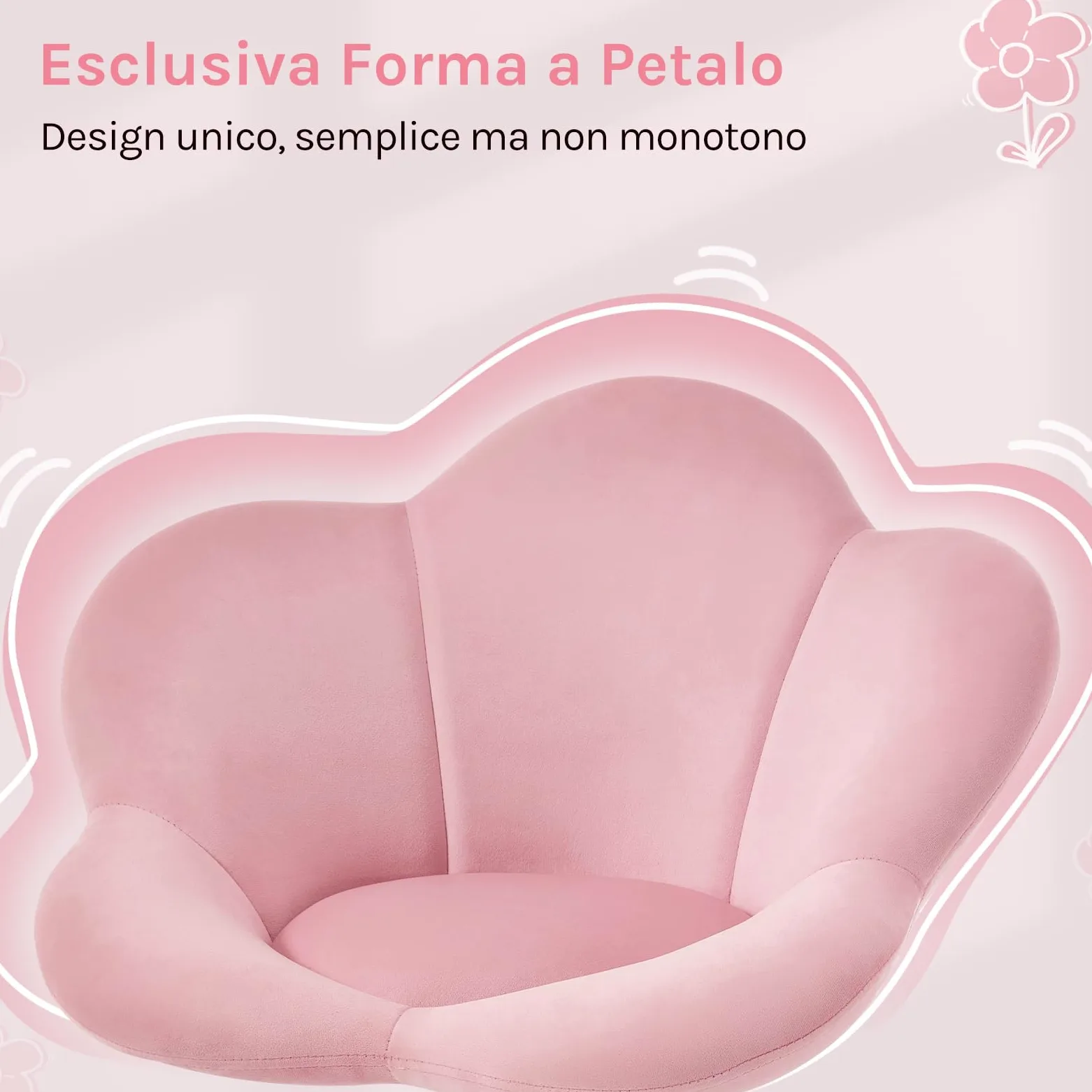 WOLTU Sedia da Scrivania per Bambini, Sedia Ufficio Ergonomica Girevole e Regolabile in Altezza con Rotelle, Seduta a Forma di Fiore per Studio, Camera da Letto, Velluto, Rosa Pastello