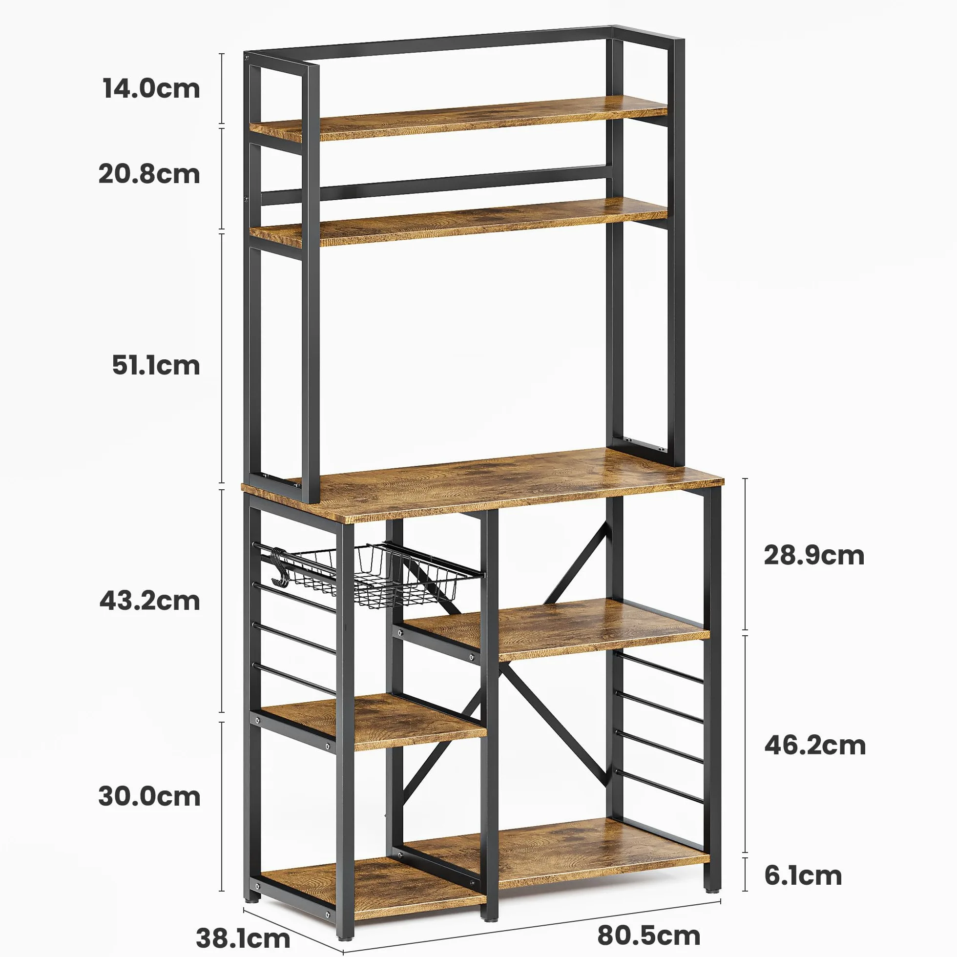 Bealife Scaffale da Cucina per Panetteria, Scaffale a 5 Ripiani con Ganci Laterali e Cestello in Filo, Scaffali in Legno e Metallo, Stile Industriale, 80,5x40,1x169,2 cm (Retro)