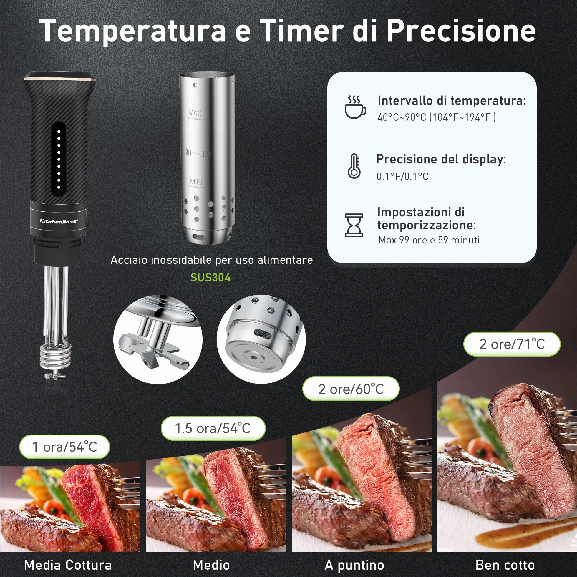 KitchenBoss WiFi Sous Vide Roner 1100W IPX7 40℃-90℃ LED Display Ultra-Silenzioso