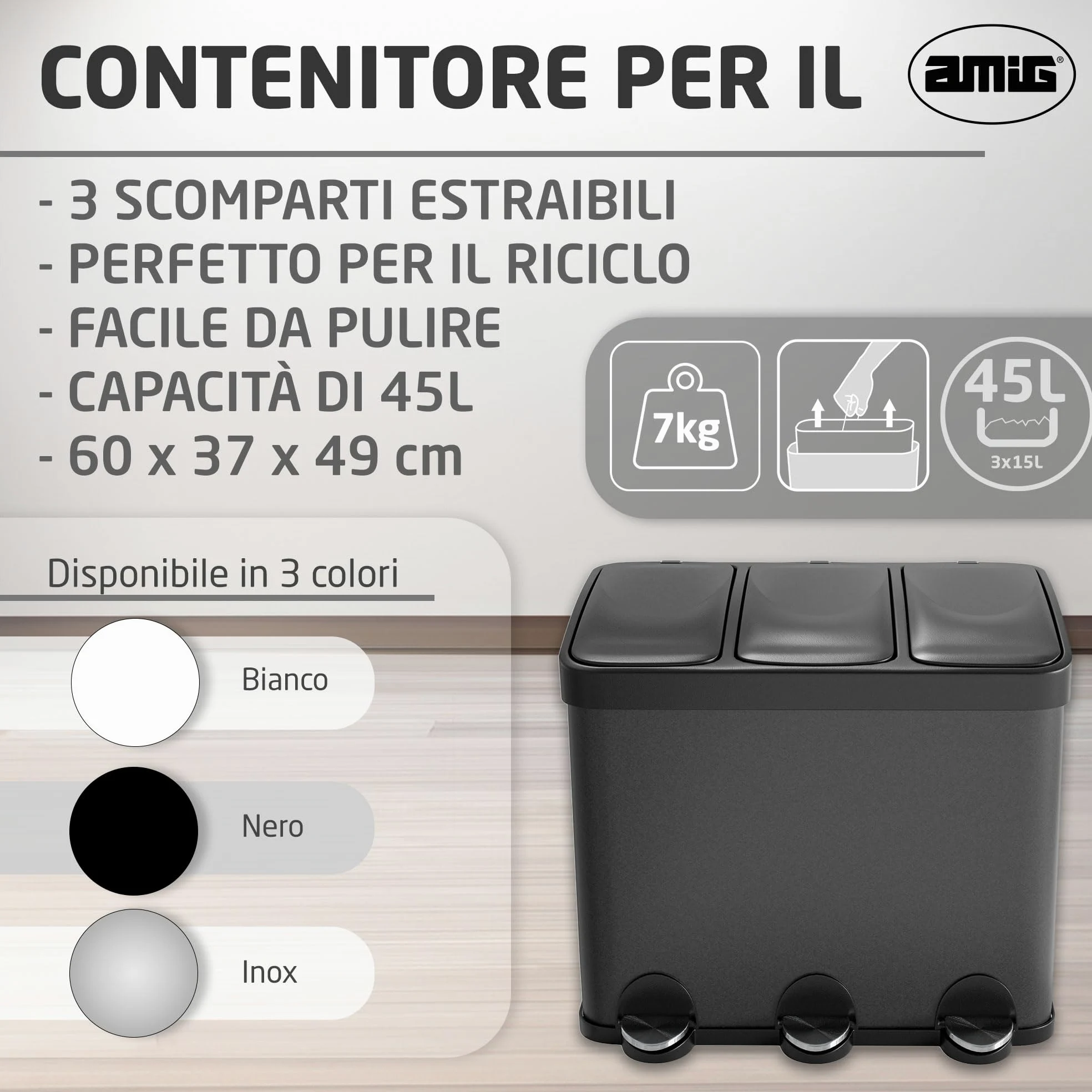 Amig - Pattumiera tripla con pedali 45 litri Mod. RECIK3-3 scomparti estraibili da 15 litri - Pattumiera per raccolta differenziata da cucina - Acciaio - Dimensioni: 60 x 37 x 49 cm - Nero opaco
