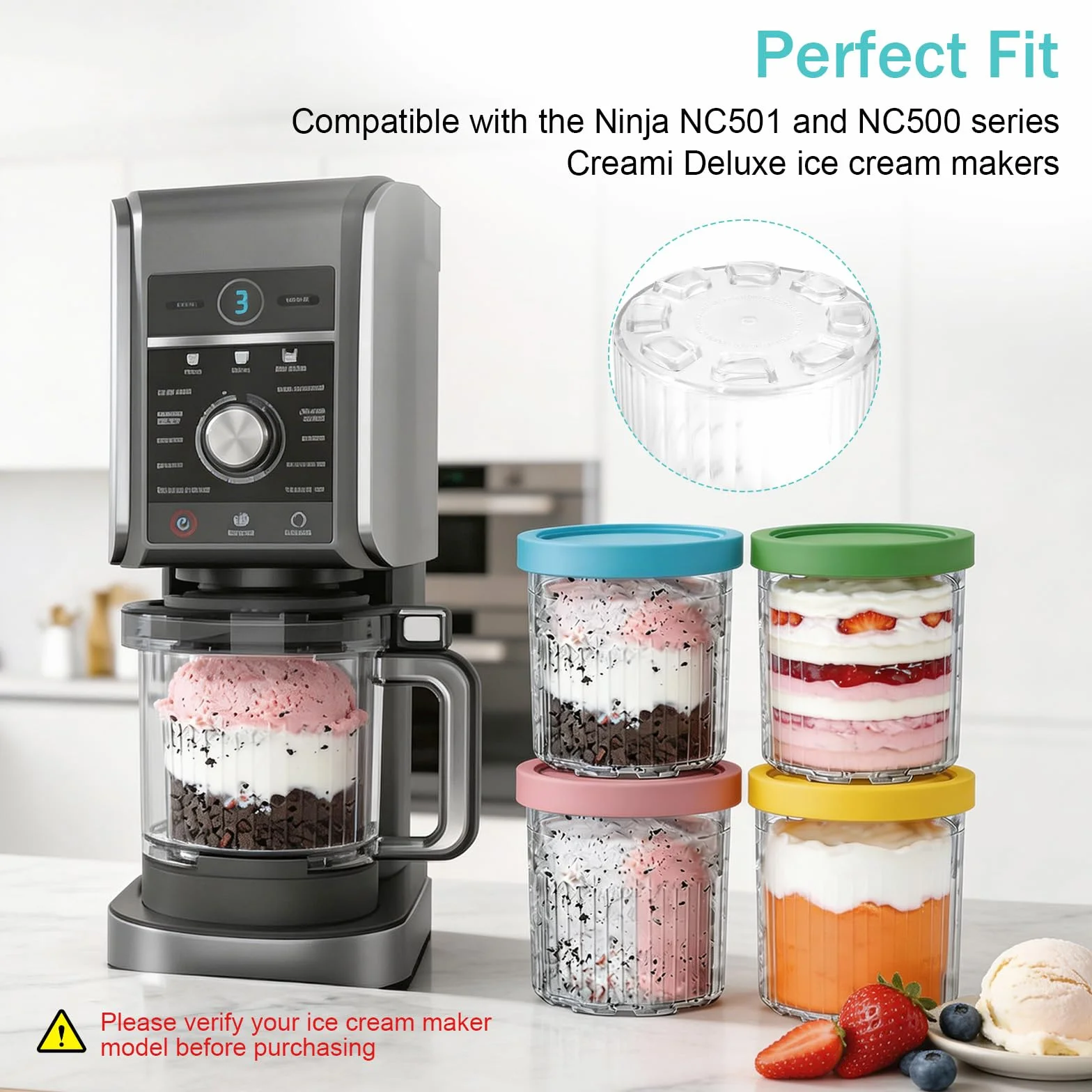 Vasche per gelato Ninja Creami Deluxe Serie NC500 NC501, 4 contenitori sostitutivi con coperchi colorati e cucchiaini