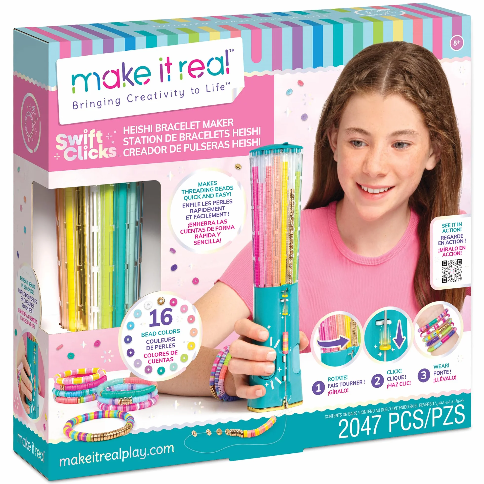 Make It Real Macchina Crea Braccialetti Heishi con 2047 Perline Colorate, 16 Colori Trendy, Giochi Creativi per Bambine, Multicolore, Idea Regalo Creativa, da 8 Anni