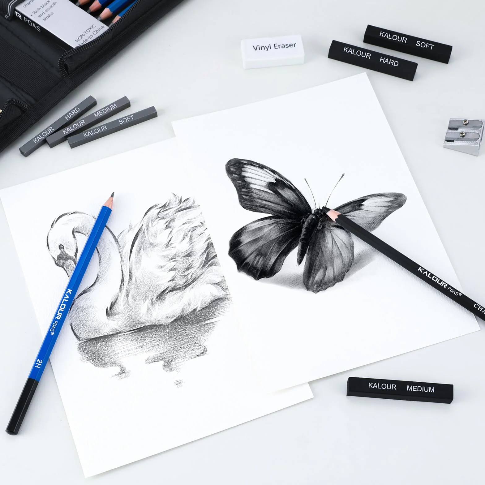 KALOUR PDAS 112 Set da disegno con quaderno da disegno a 3 colori, matite in grafite e carboncino, kit artistico per artisti, adulti, adolescenti e principianti, ideale per ombreggiare e sfumare