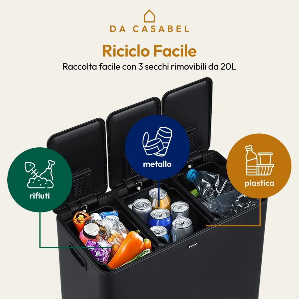 CASABEL Pattumiera Differenziata 3 Scomparti 3x20L, in Acciaio Inox Nero, Secchio Spazzatura - Pattumiera da Cucina per Riciclaggio Rettangolare a Pedale - Bidoni Differenziata da Interno