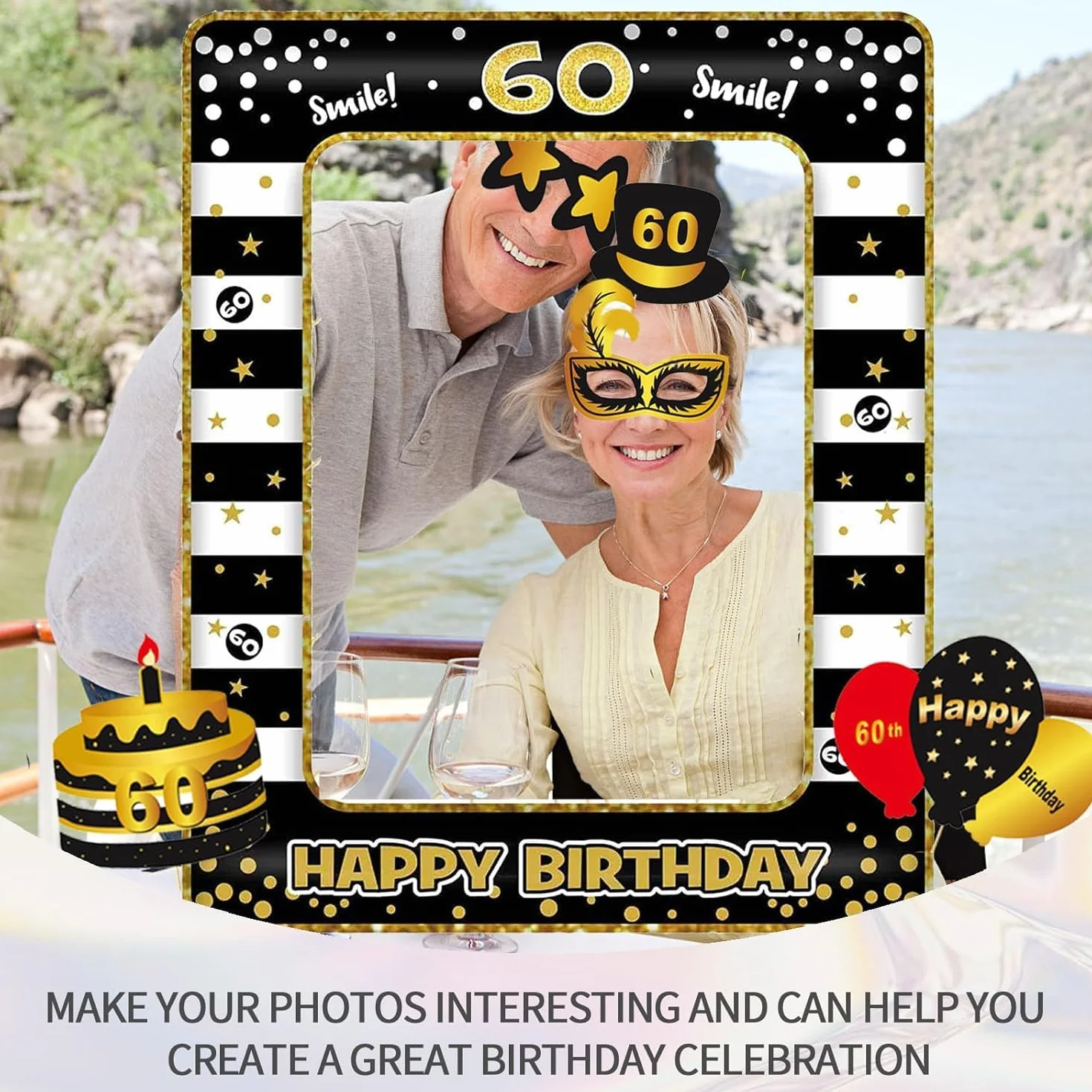 Photo Booth Compleanno Accessori 60 Anni Fai da Te Carta Foto Frame Baffi Occhiali Cappelli