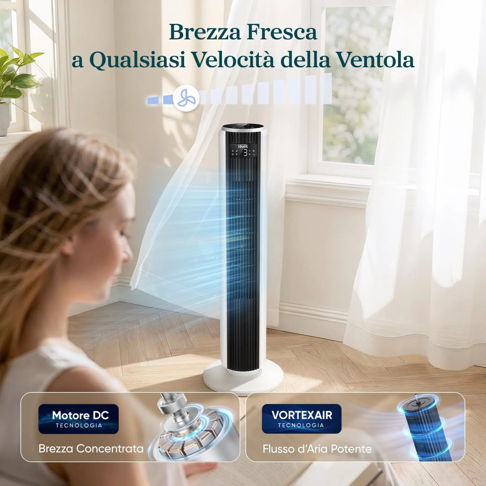 LEVOIT Ventilatore a Torre 20 dB Silenzioso, Potente 7,9m/s, 12 Velocità, 4 Modalità, Telecomando & LED, Timer da 1-12 ore, Oscillazione a 90°, Risparmio 26W, per Camera Letto, 92 cm, Bianco Puro