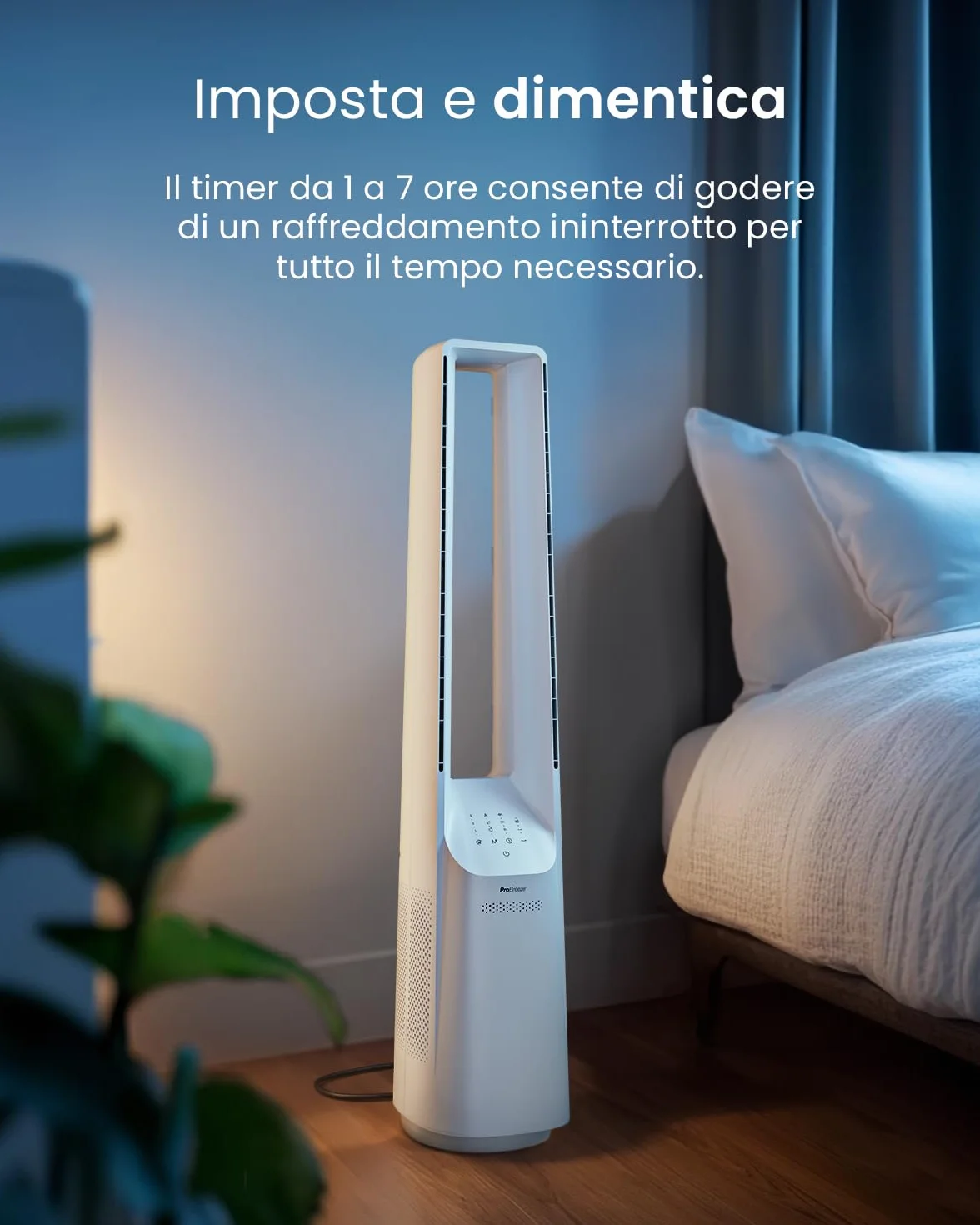 Pro Breeze Ventilatore a Torre Bianco 101 cm Senza Pale – Motore DC Ultra Silenzioso, Telecomando, Display LED, 6 Velocità, 5 Modalità, Oscillazione Automatica 60°, Timer 7h, Ideale per Casa e Camera
