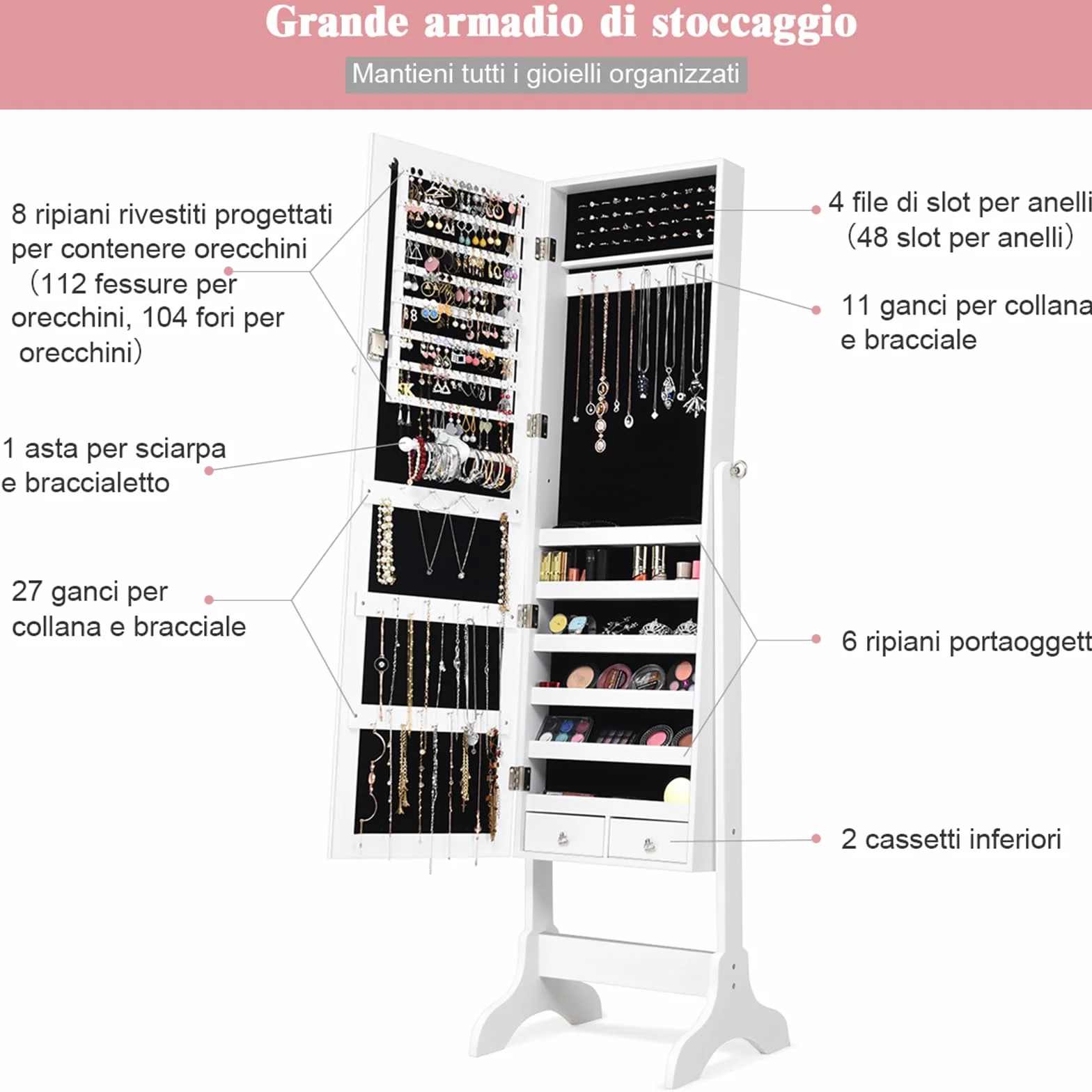 COSTWAY Mobile Portagioie da Terra con Specchio e 2 Cassetti, 156 x 37 x 46 cm