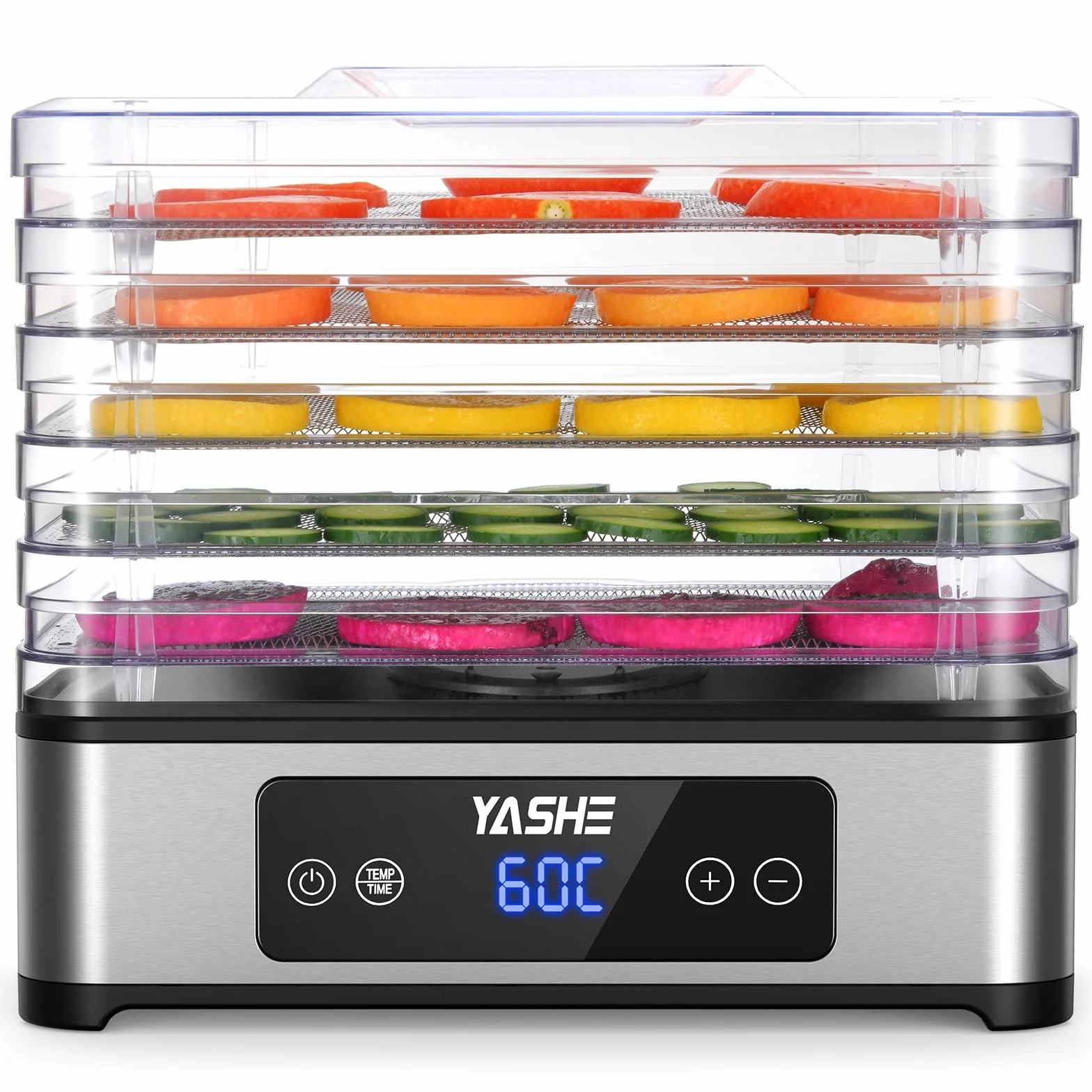 YASHE Essiccatore Alimentare, 5 Vassoi in Acciaio Inox, Timer e Temperatura Regolabili, Flusso d’Aria a 360°, Senza BPA, 400W Essiccatore Frutta e Verdura, Carne, Erbe, Snack per Cani