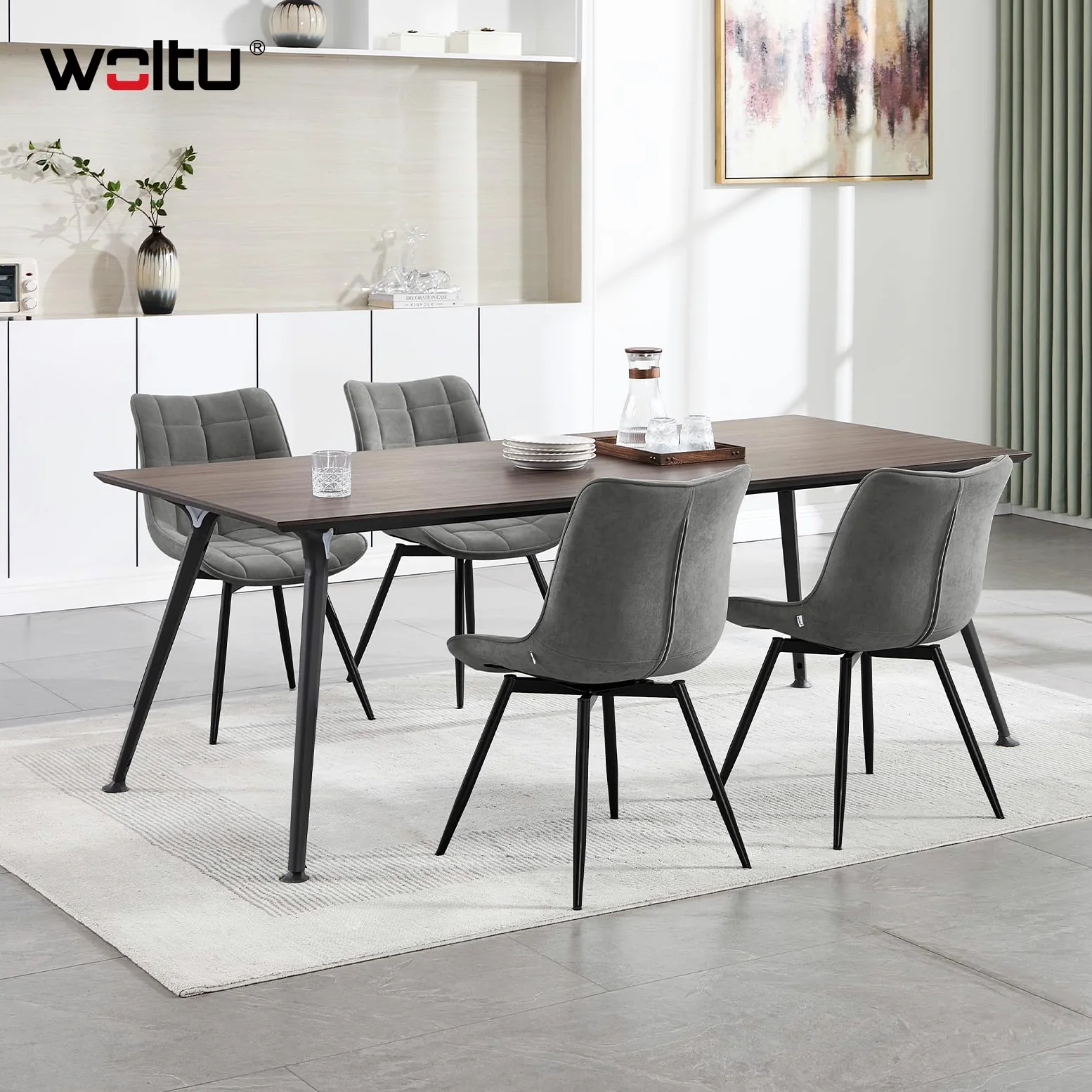 WOLTU Sedie da Pranzo Girevole Set di 4, Sedie da Cucina, con Sedile Imbottito, Schienale Alto, Gambe in Metallo, Tessuto in Velluto, Grigio Scuro
