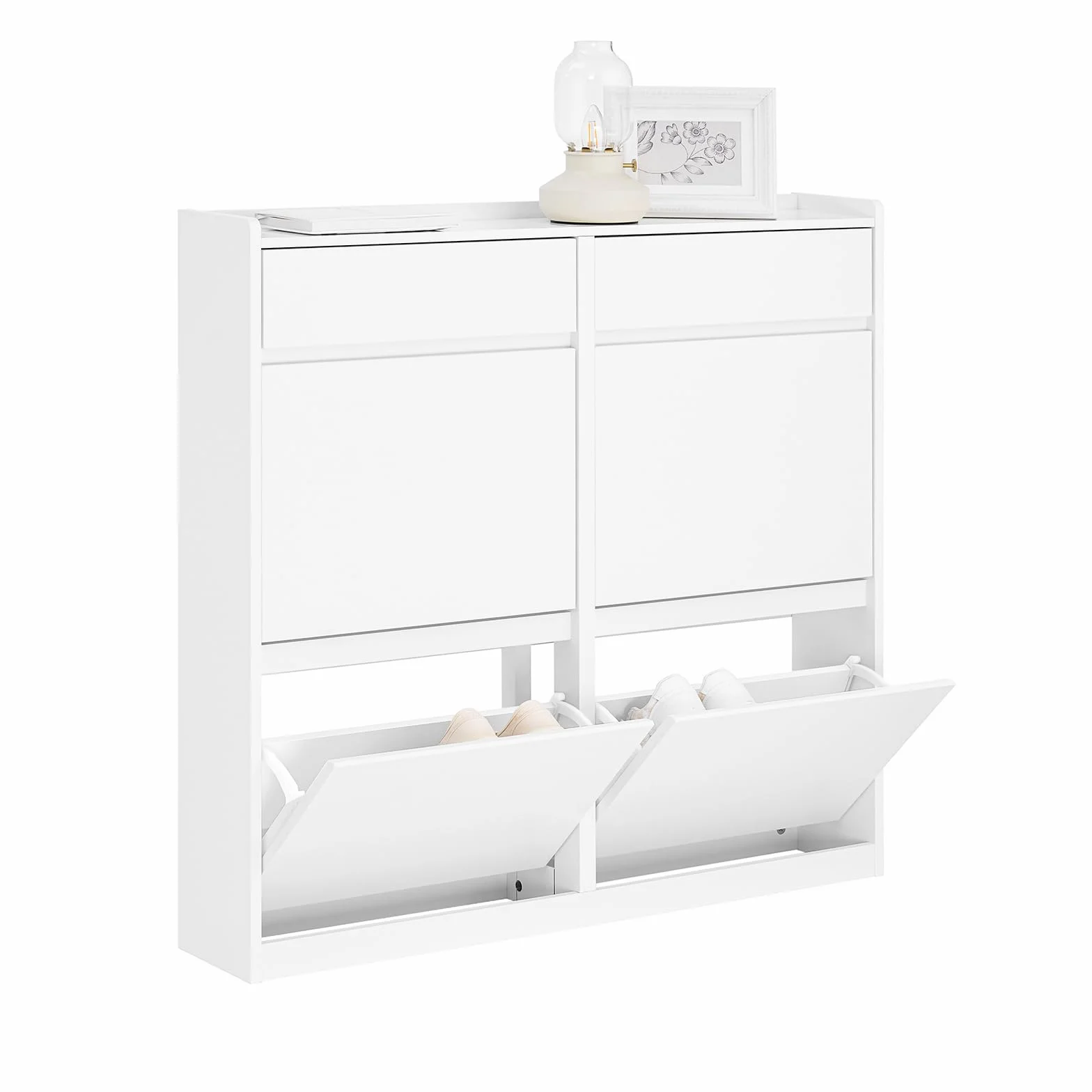 SoBuy Scarpiera Salvaspazio con 4 Ante Ribaltabili e 2 Cassetti, Grande Capacità, Mobile Scarpiera per Ingresso e Corridoio, Ideale per Piccoli Appartamenti - Design Moderno, 98x19x95cm – FSR169-W